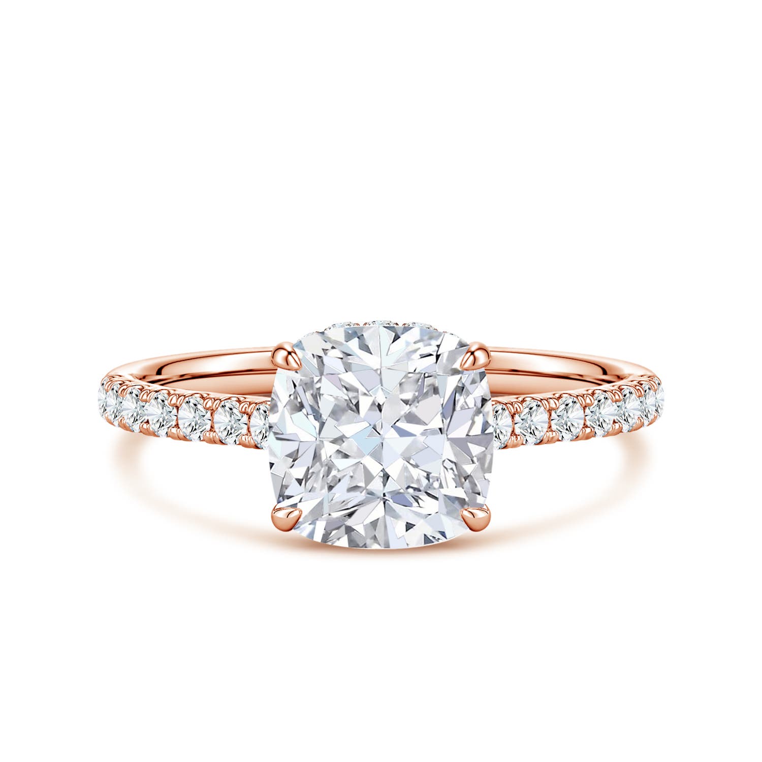 7,5 mm FGVS-Kissen-Verlobungsring mit im Labor gezüchteten Diamanten und doppeltem verstecktem Halo in Roségold