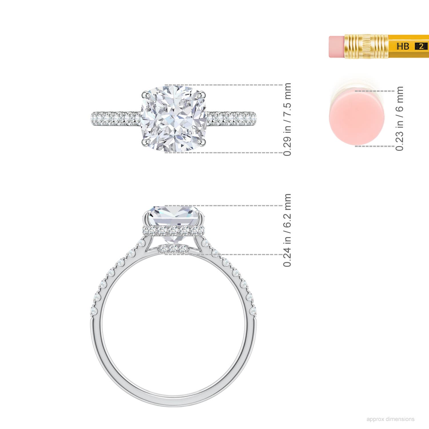 7.5mm FGVS Cushion Lab-Grown Diamond Double Hidden Halo Engagement Ring in White Gold - ruler