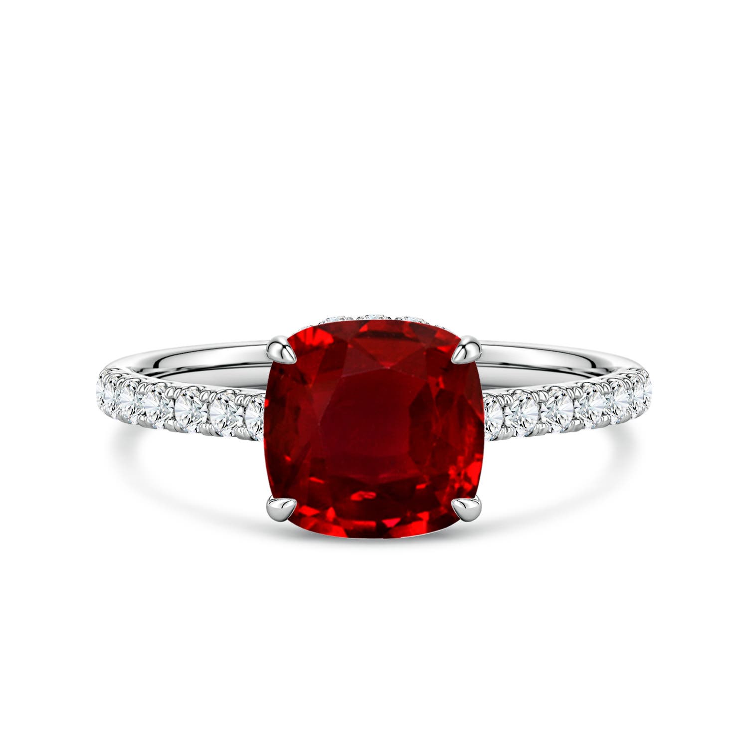 7mm Labgrown Cushion Lab-Grown Ruby Double Hidden Halo Engagement Ring in White Gold