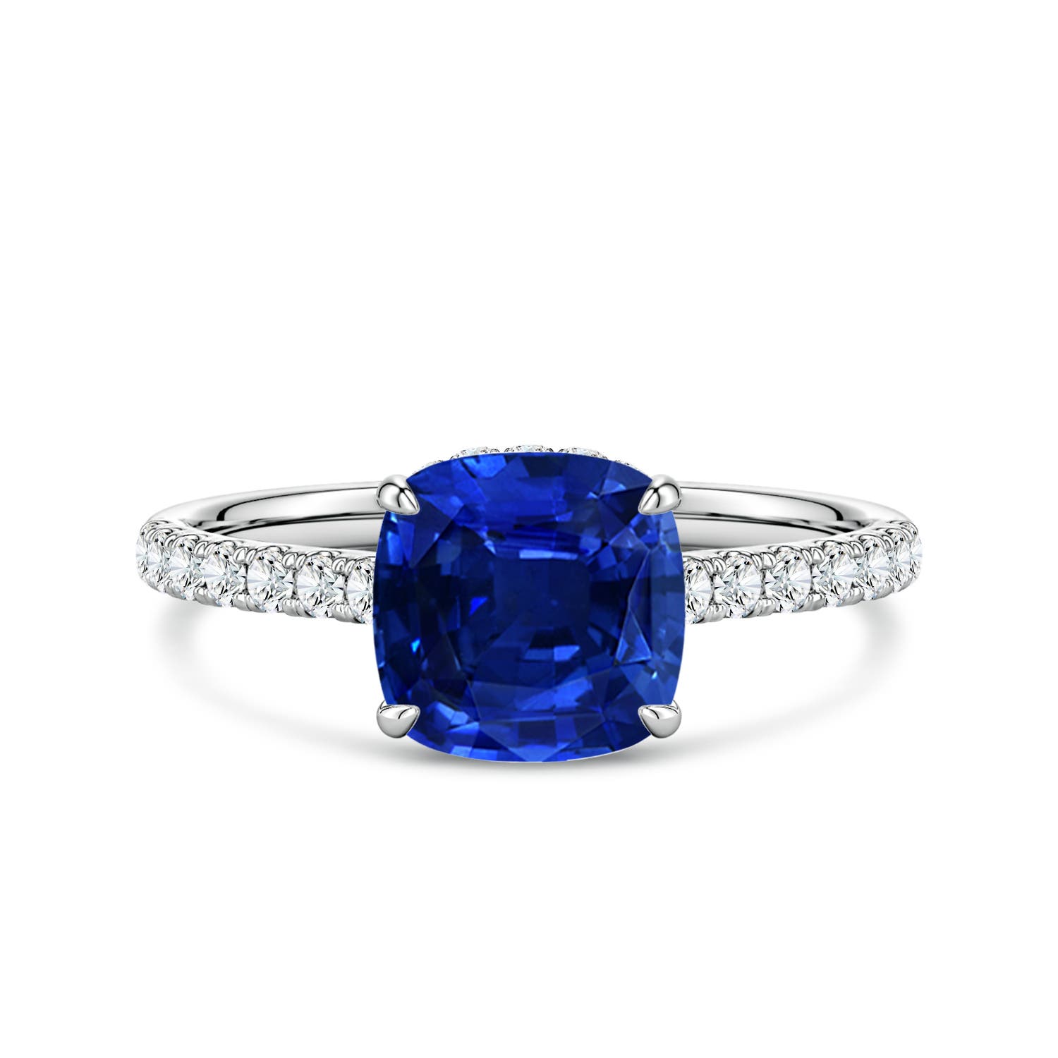 7mm Labgrown Cushion Lab-Grown Blue Sapphire Double Hidden Halo Engagement Ring in White Gold