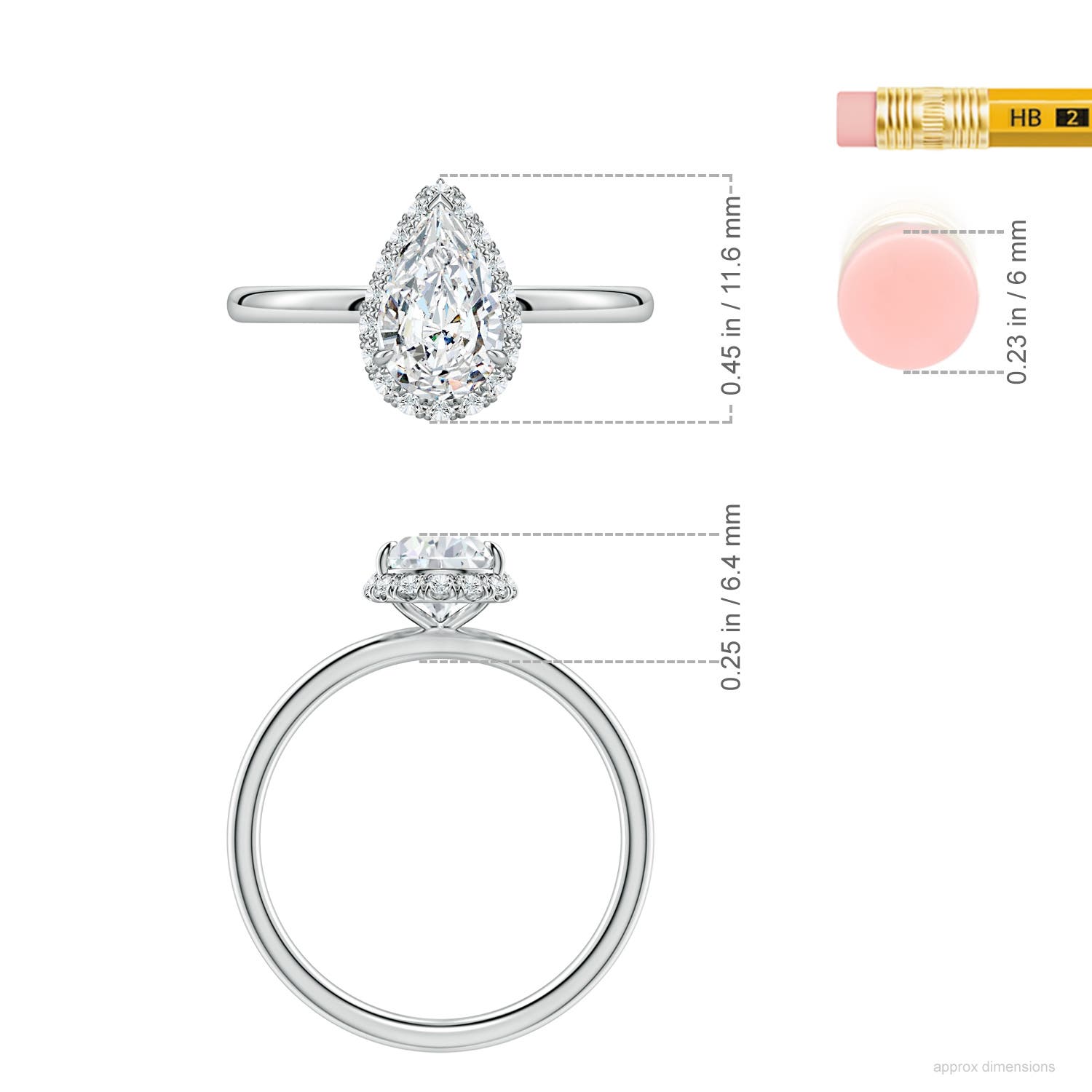 9x5.5mm FGVS Pear Lab-Grown Diamond Engagement Ring with Angled Halo in White Gold - ruler