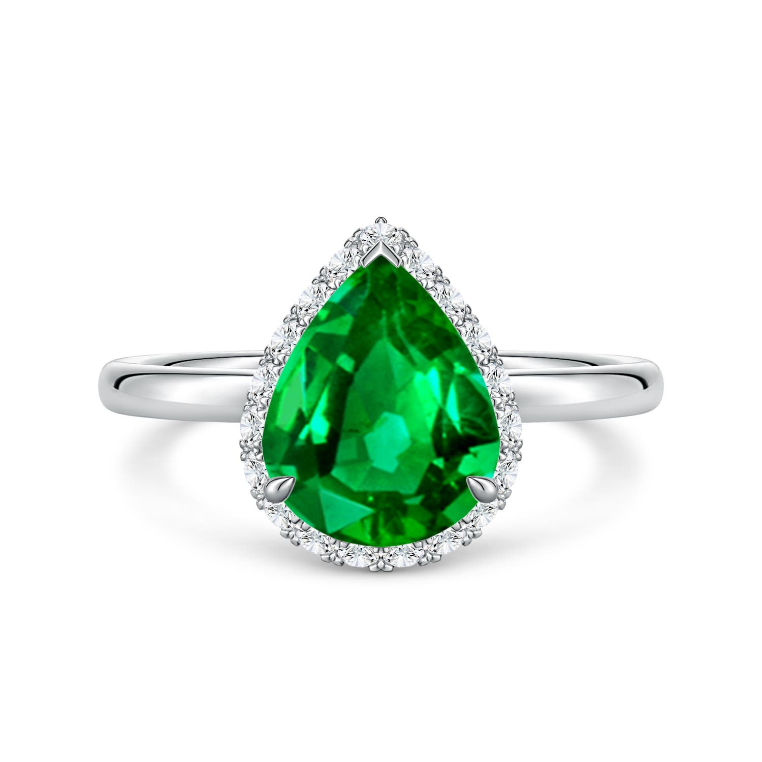 10x8mm Labgrown Pear Lab-Grown Emerald Engagement Ring with Angled Halo in White Gold