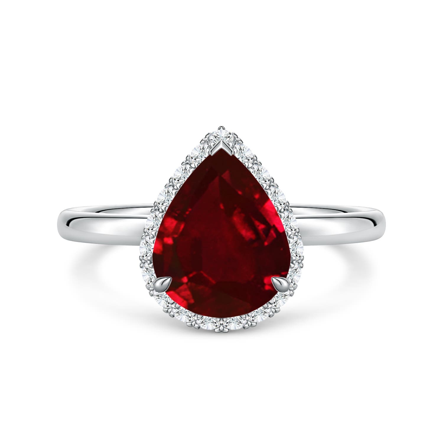 Angara 2.93 Ctw Pear Lab-grown Ruby Engagement Ring With Angled Halo In Burgundy