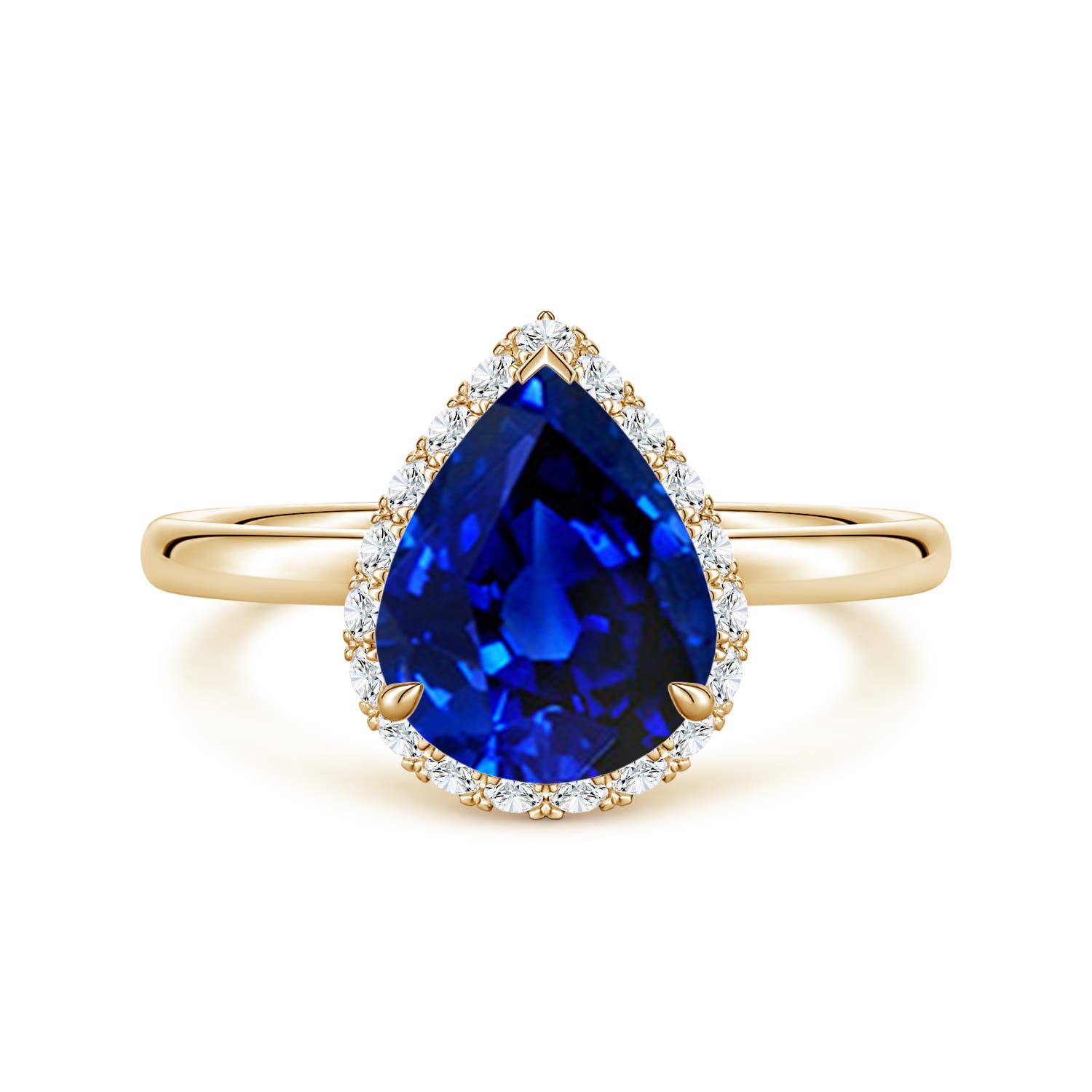 10x8mm Labgrown Pear Lab-Grown Blue Sapphire Engagement Ring with Angled Halo in 18K Yellow Gold