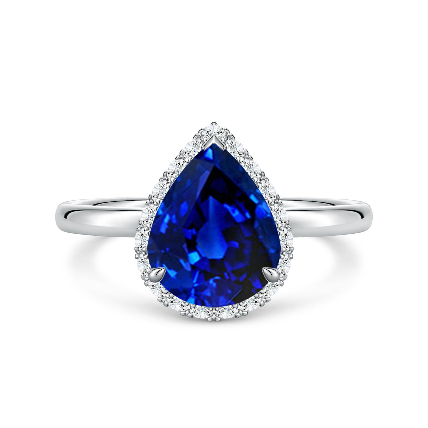 10x8mm Labgrown Pear Lab-Grown Blue Sapphire Engagement Ring with Angled Halo in White Gold