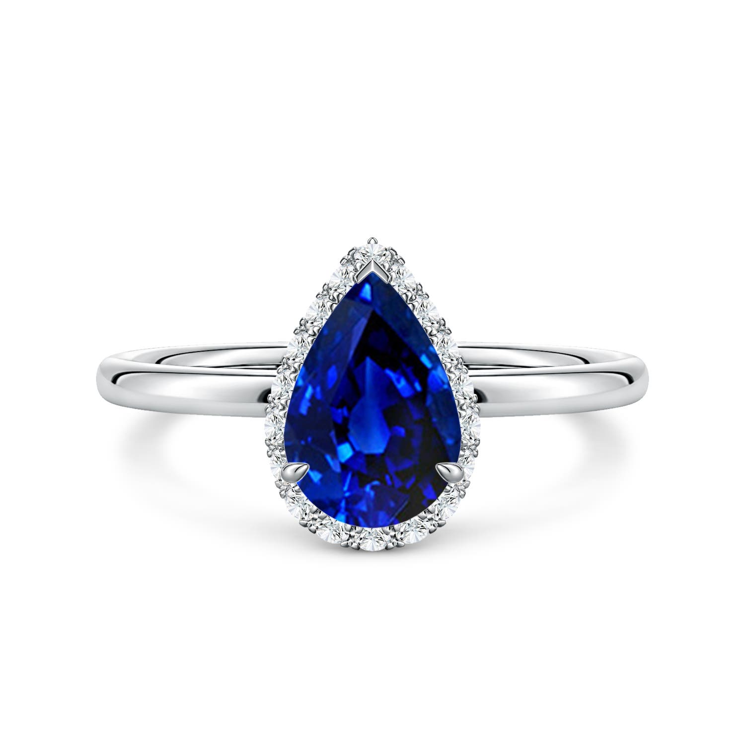 9x6mm Labgrown Pear Lab-Grown Blue Sapphire Engagement Ring with Angled Halo in White Gold