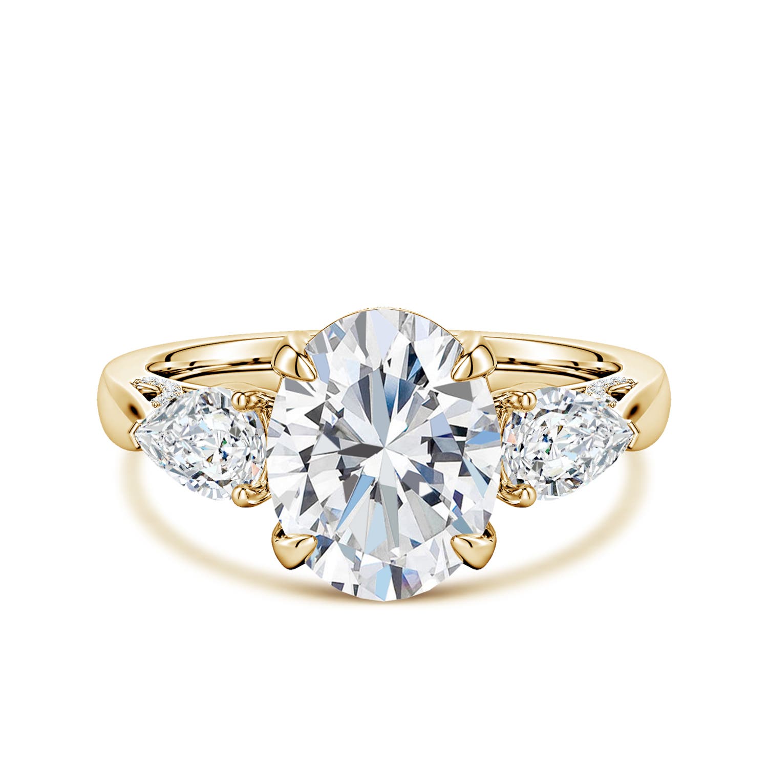 10x8mm FGVS Oval and Sideways Pear Lab-Grown Diamond Three-Stone Engagement Ring in Yellow Gold