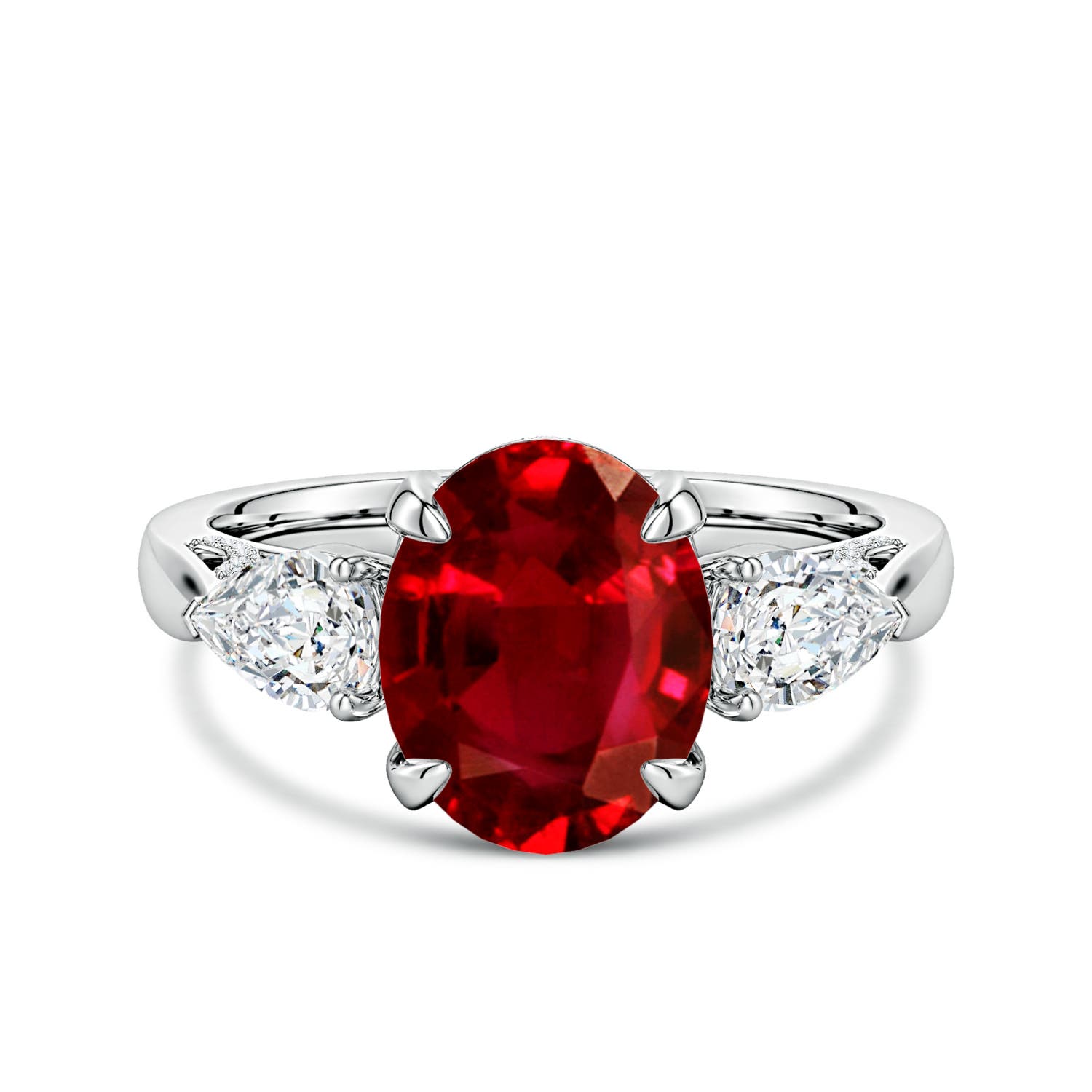 10x8mm Labgrown Lab-Grown Oval Ruby and Sideways Pear Diamond Three-Stone Engagement Ring in 18K White Gold