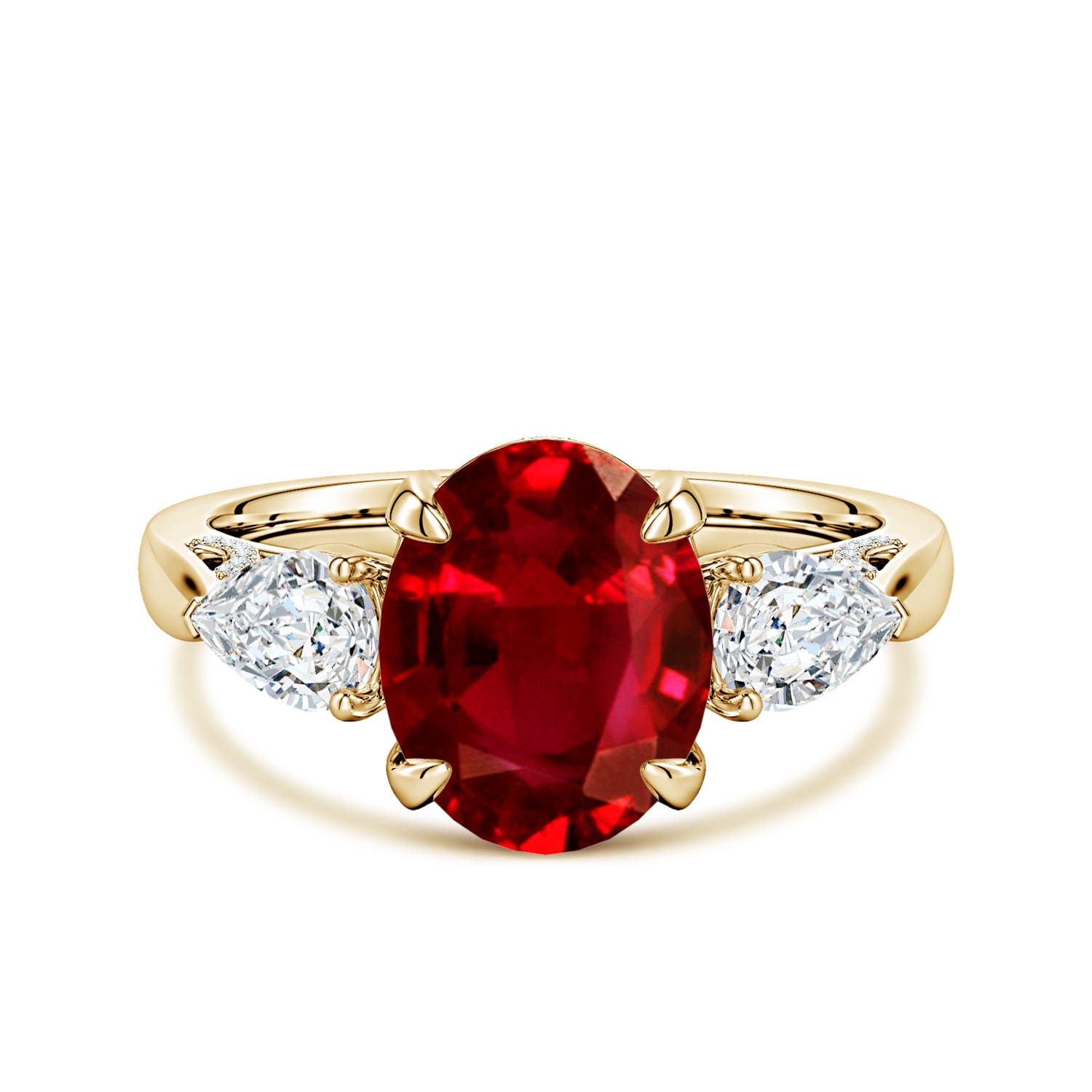 10x8mm Labgrown Lab-Grown Oval Ruby and Sideways Pear Diamond Three-Stone Engagement Ring in Yellow Gold