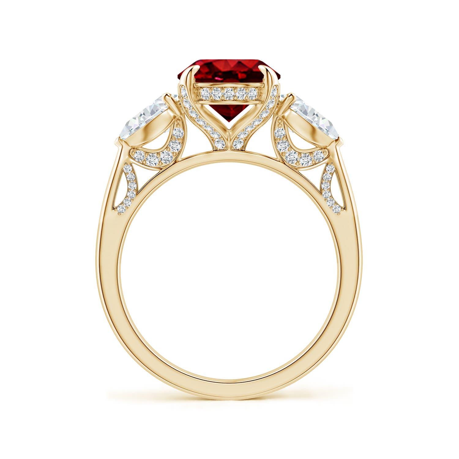 10x8mm Labgrown Lab-Grown Oval Ruby and Sideways Pear Diamond Three-Stone Engagement Ring in Yellow Gold