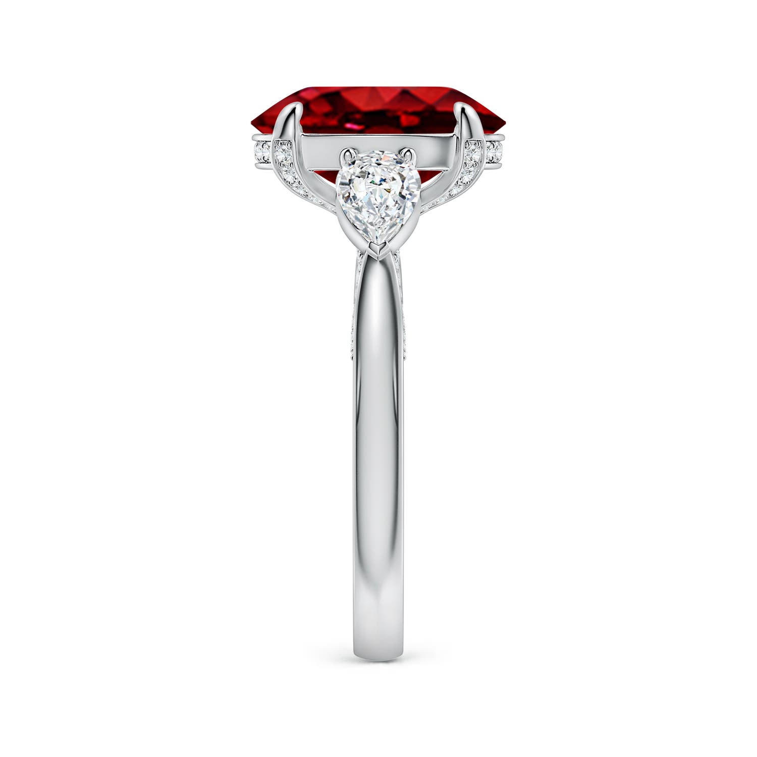 12x10mm Labgrown Lab-Grown Oval Ruby and Sideways Pear Diamond Three-Stone Engagement Ring in White Gold - side 4