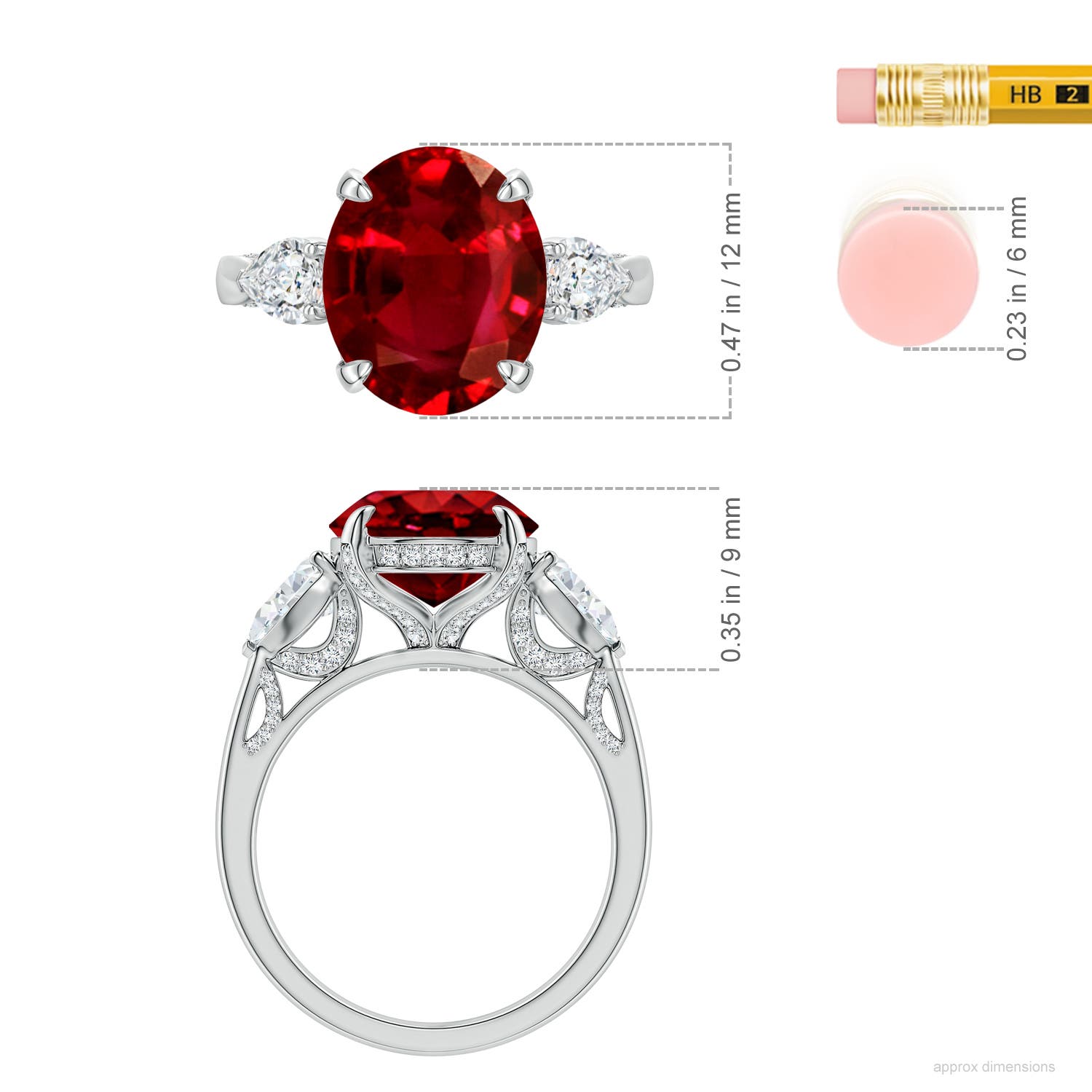 12x10mm Labgrown Lab-Grown Oval Ruby and Sideways Pear Diamond Three-Stone Engagement Ring in White Gold - ruler