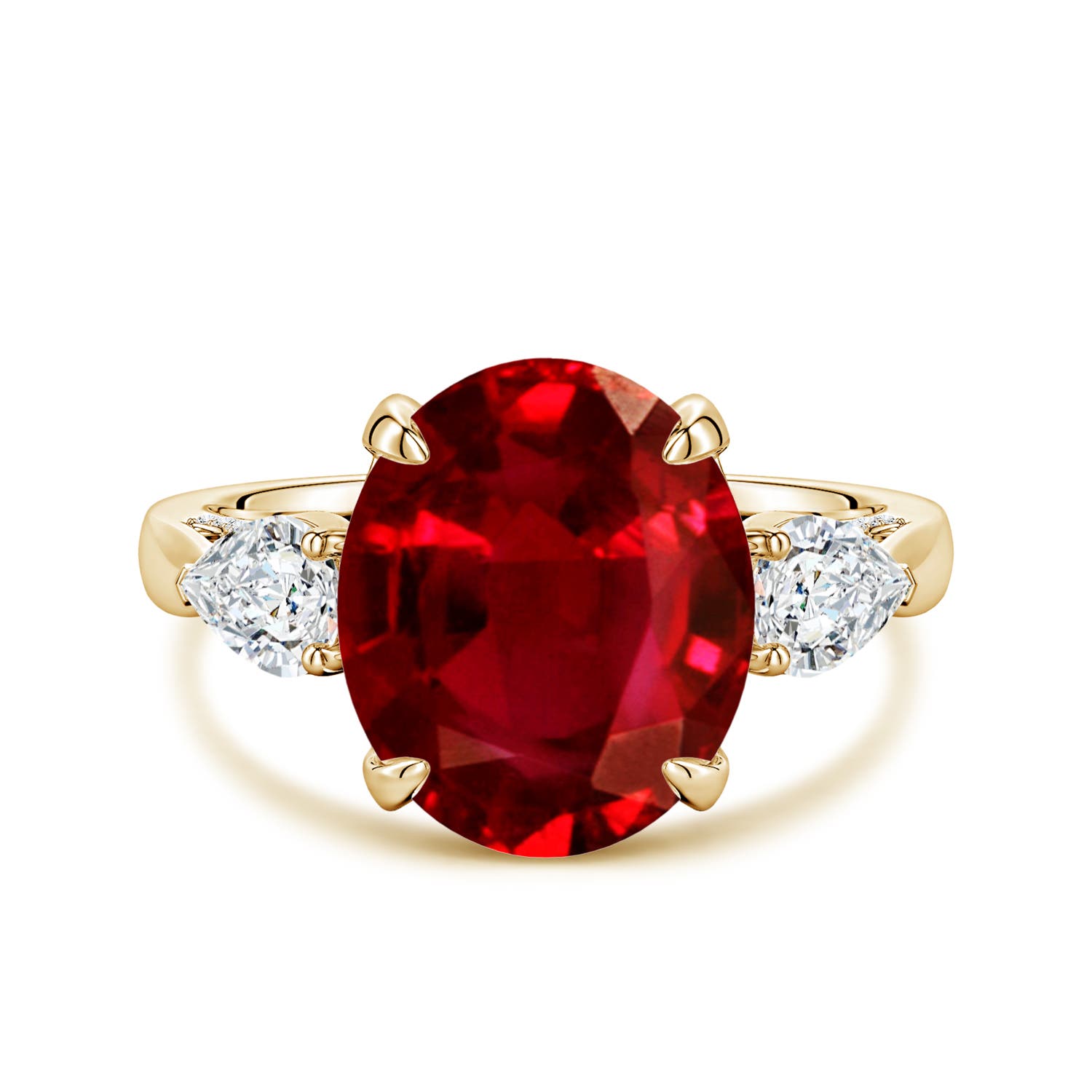 12x10mm Labgrown Lab-Grown Oval Ruby and Sideways Pear Diamond Three-Stone Engagement Ring in Yellow Gold