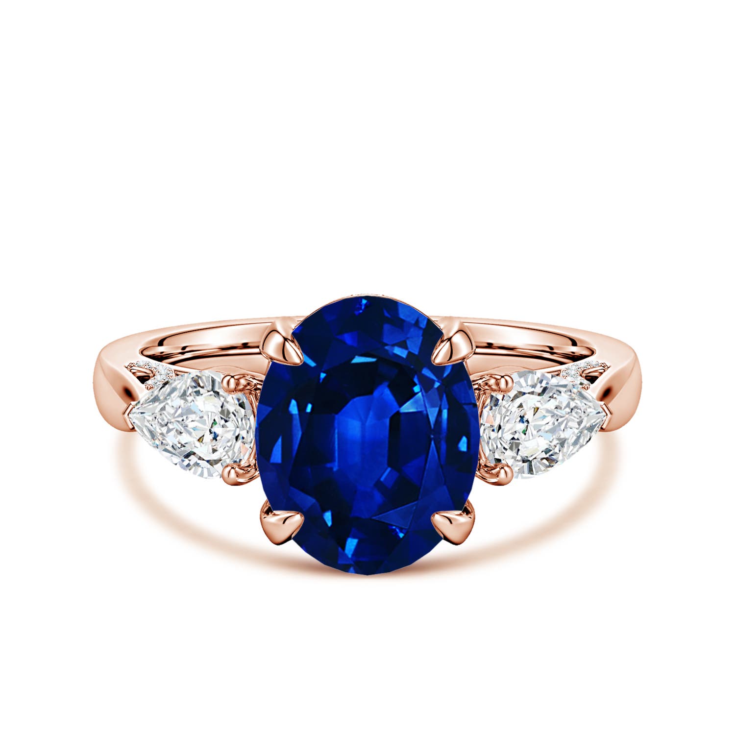 10x8mm Labgrown Lab-Grown Oval Blue Sapphire and Sideways Pear Diamond Three-Stone Engagement Ring in 18K Rose Gold