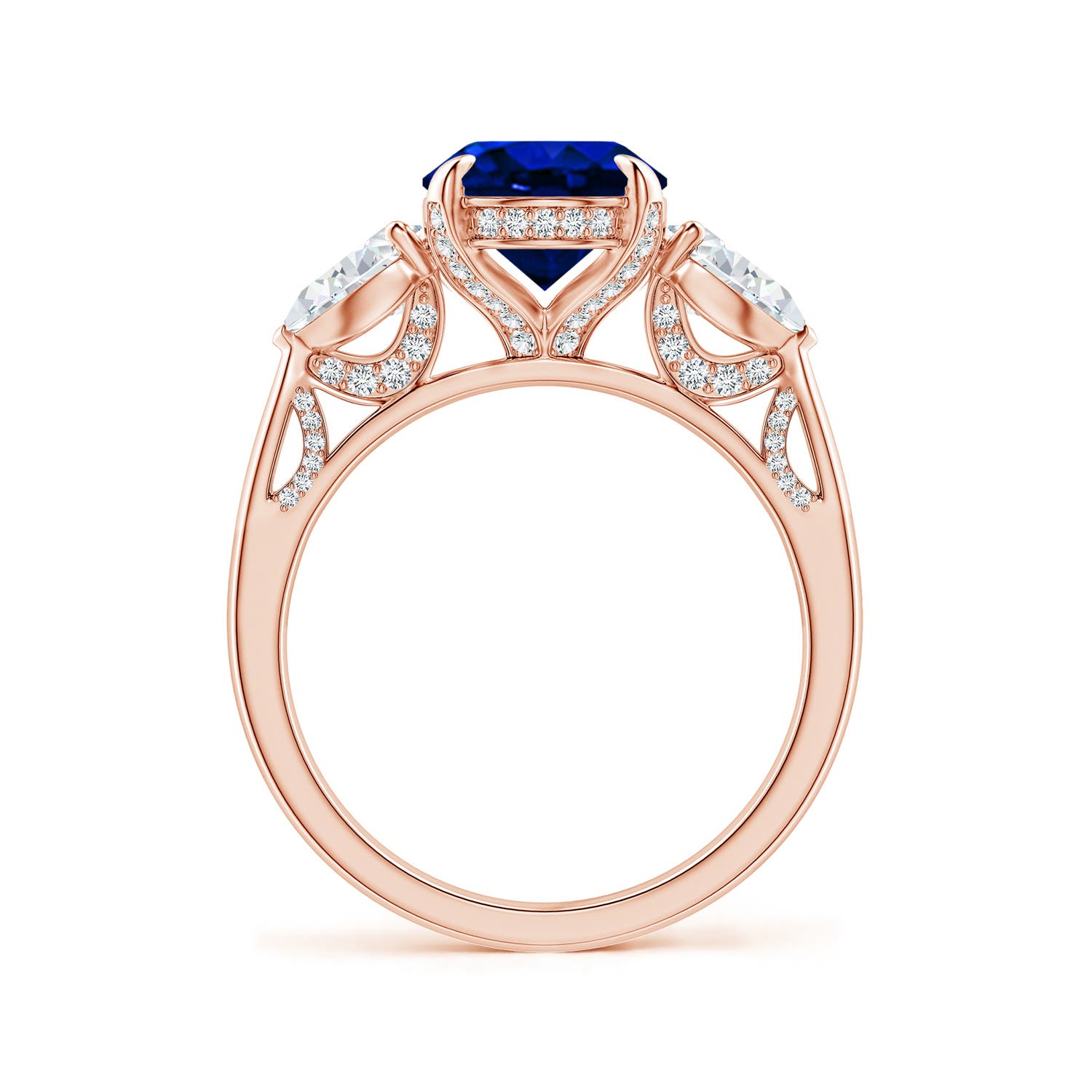 10x8mm Labgrown Lab-Grown Oval Blue Sapphire and Sideways Pear Diamond Three-Stone Engagement Ring in 18K Rose Gold