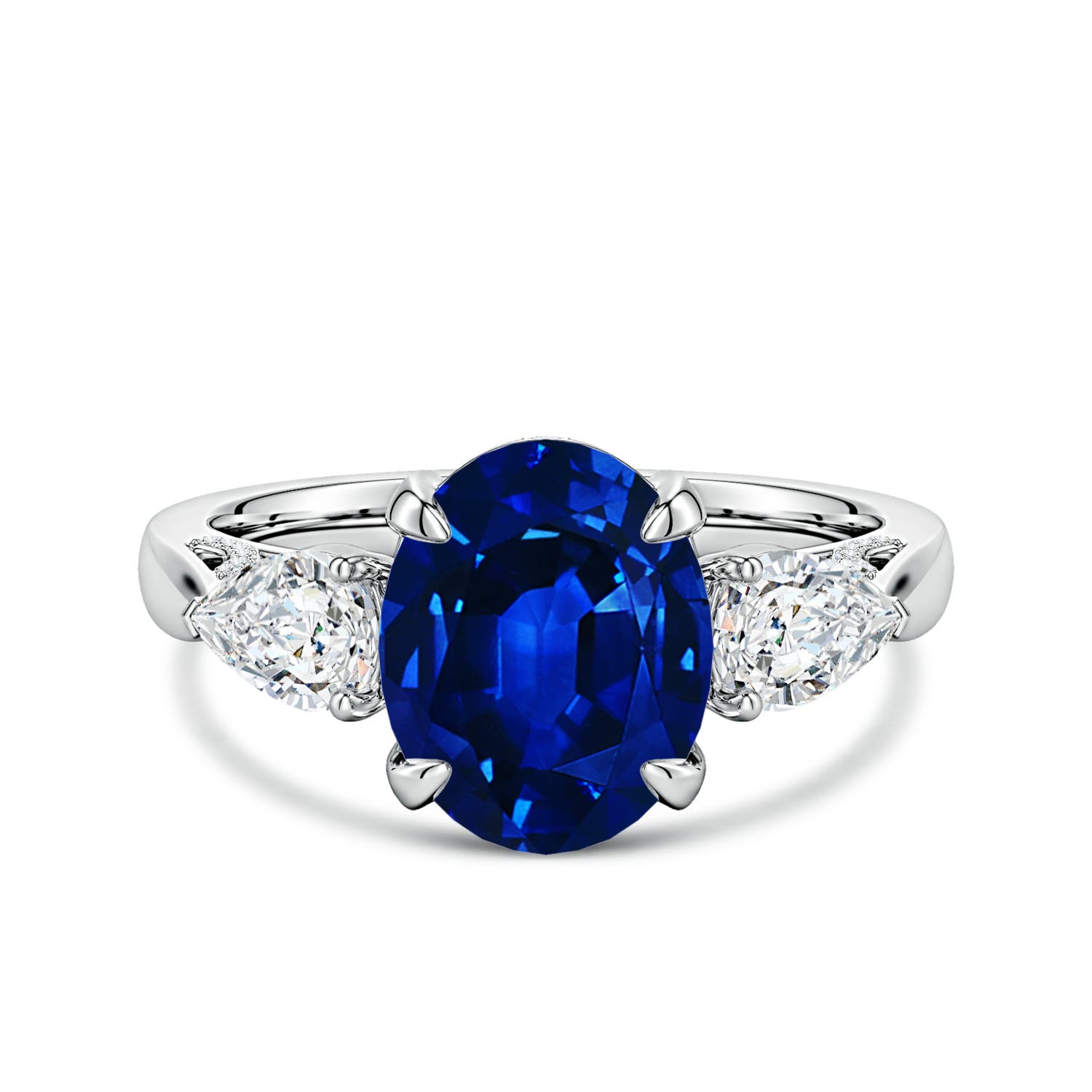 10x8mm Labgrown Lab-Grown Oval Blue Sapphire and Sideways Pear Diamond Three-Stone Engagement Ring in White Gold