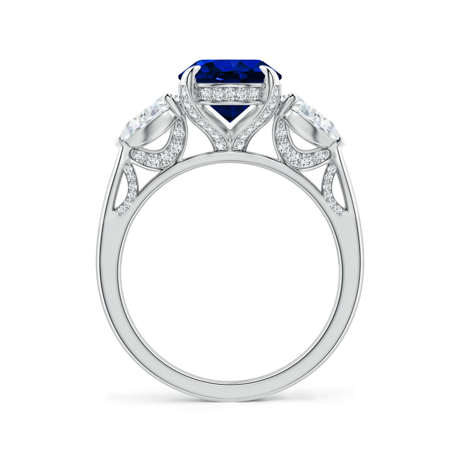 10x8mm Labgrown Lab-Grown Oval Blue Sapphire and Sideways Pear Diamond Three-Stone Engagement Ring in White Gold