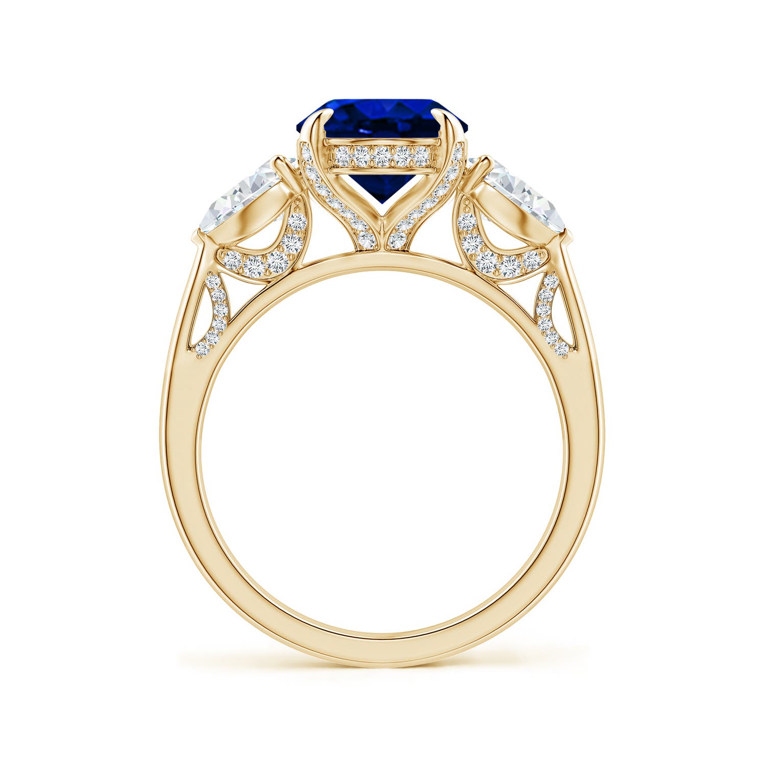 10x8mm Labgrown Lab-Grown Oval Blue Sapphire and Sideways Pear Diamond Three-Stone Engagement Ring in Yellow Gold