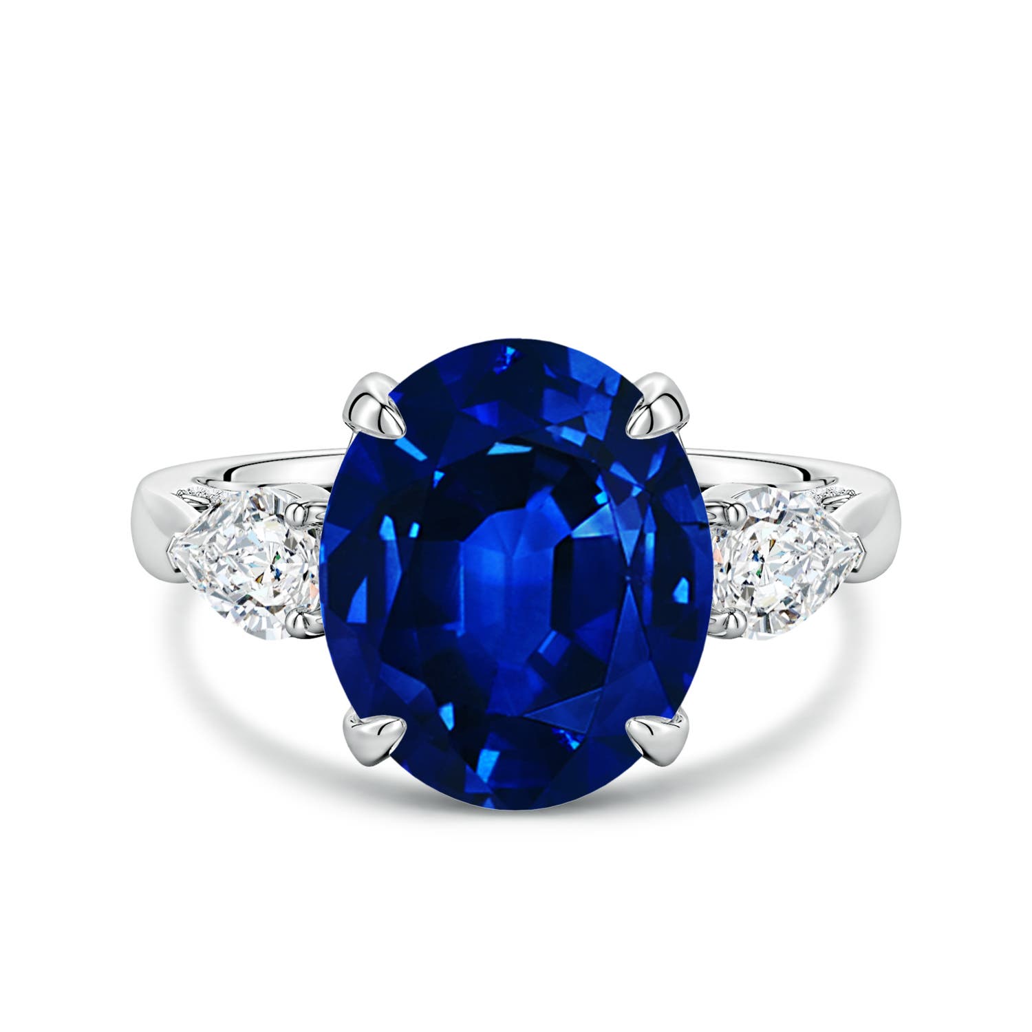 12x10mm Labgrown Lab-Grown Oval Blue Sapphire and Sideways Pear Diamond Three-Stone Engagement Ring in 18K White Gold