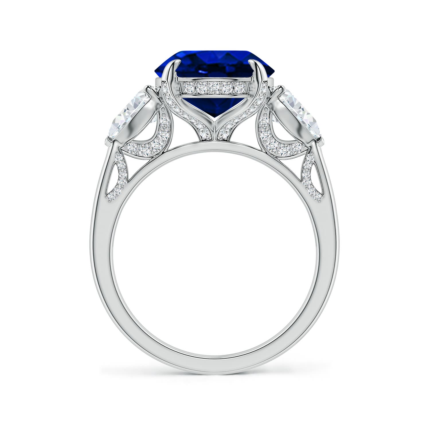 12x10mm Labgrown Lab-Grown Oval Blue Sapphire and Sideways Pear Diamond Three-Stone Engagement Ring in 18K White Gold