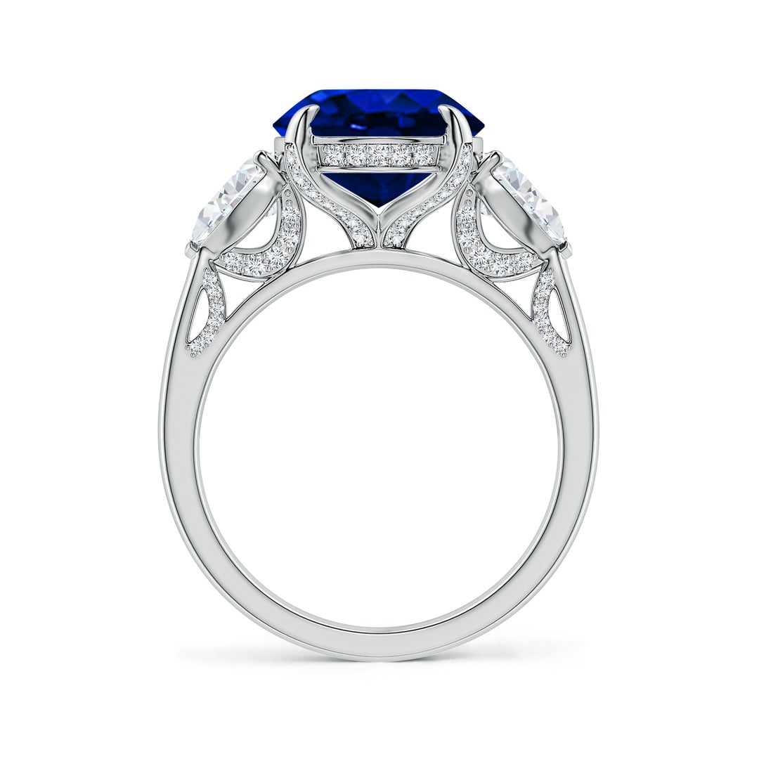12x10mm Labgrown Lab-Grown Oval Blue Sapphire and Sideways Pear Diamond Three-Stone Engagement Ring in White Gold - side 3
