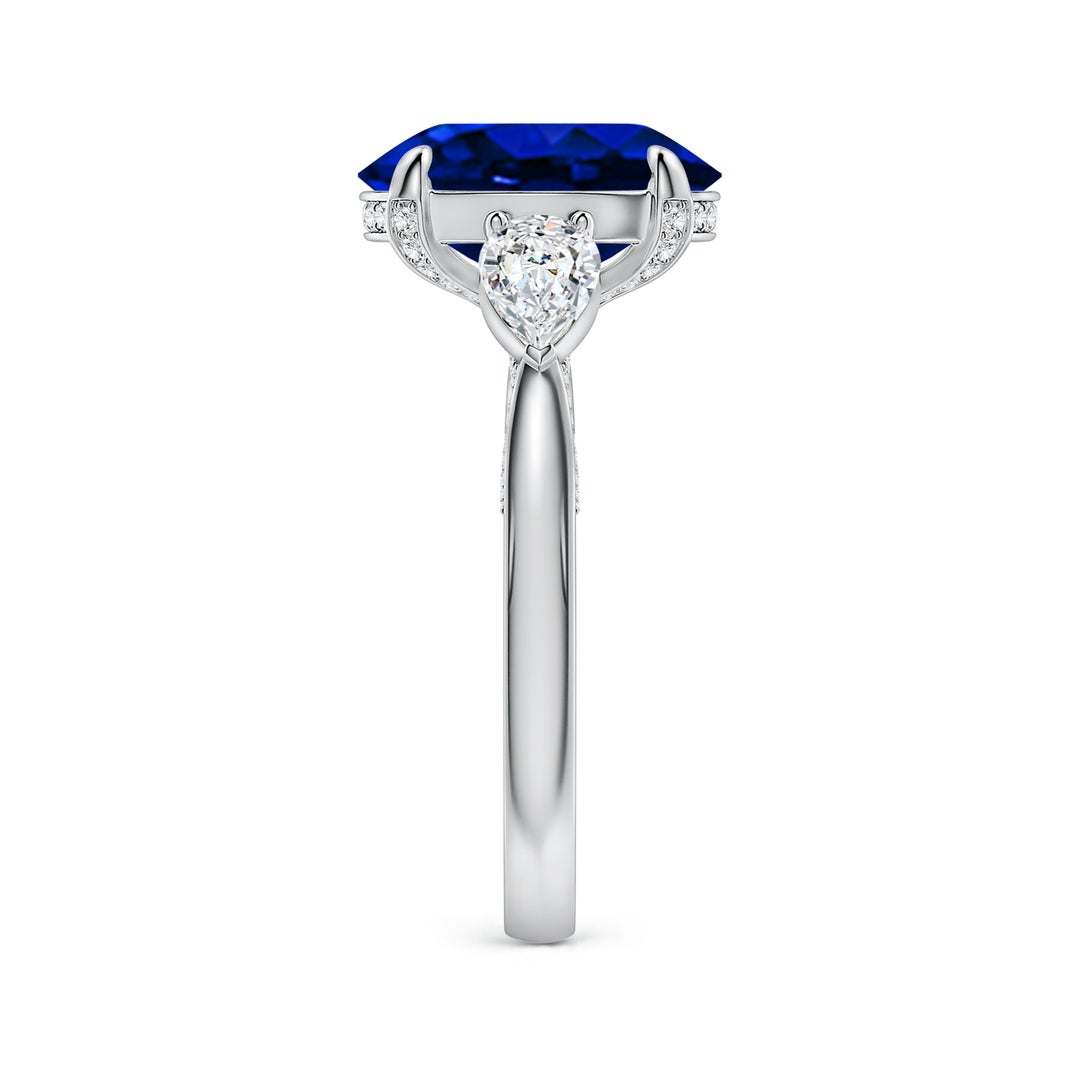 12x10mm Labgrown Lab-Grown Oval Blue Sapphire and Sideways Pear Diamond Three-Stone Engagement Ring in White Gold - side 4