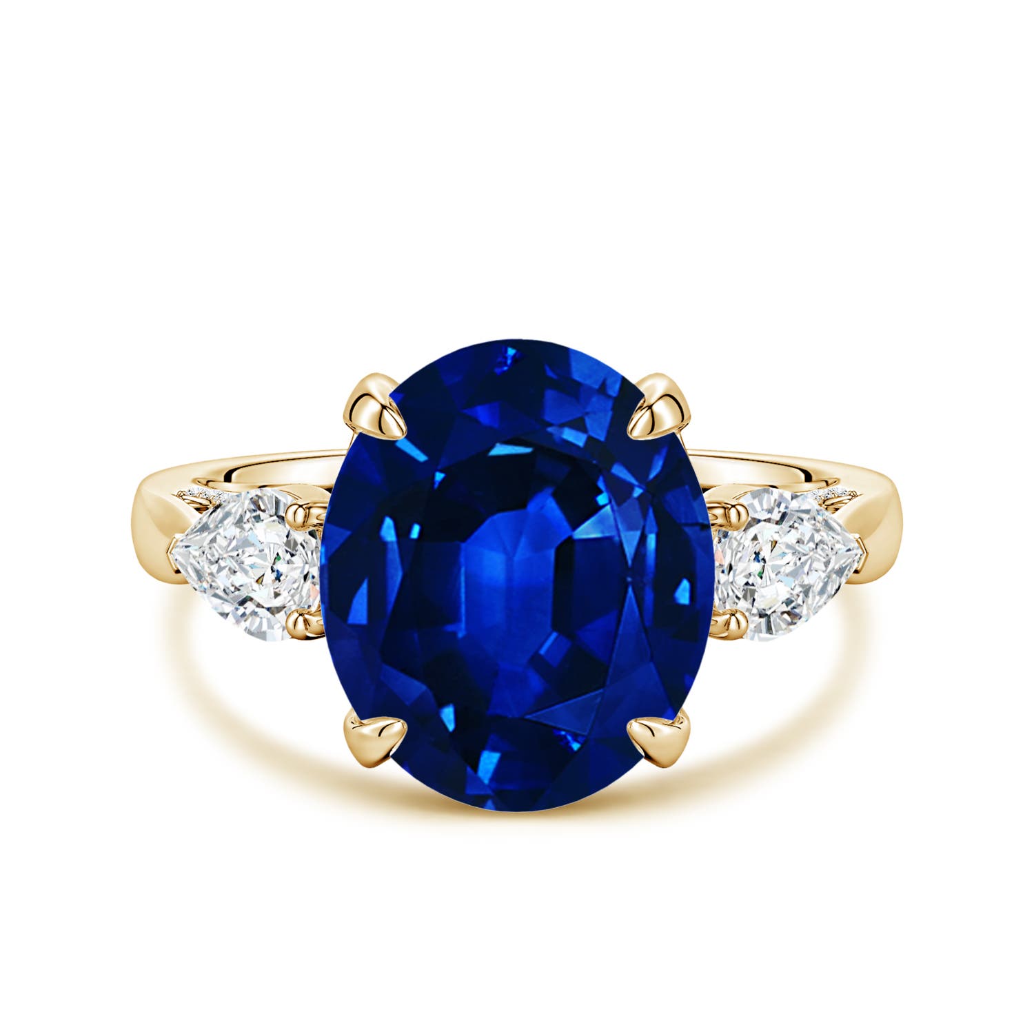 12x10mm Labgrown Lab-Grown Oval Blue Sapphire and Sideways Pear Diamond Three-Stone Engagement Ring in Yellow Gold