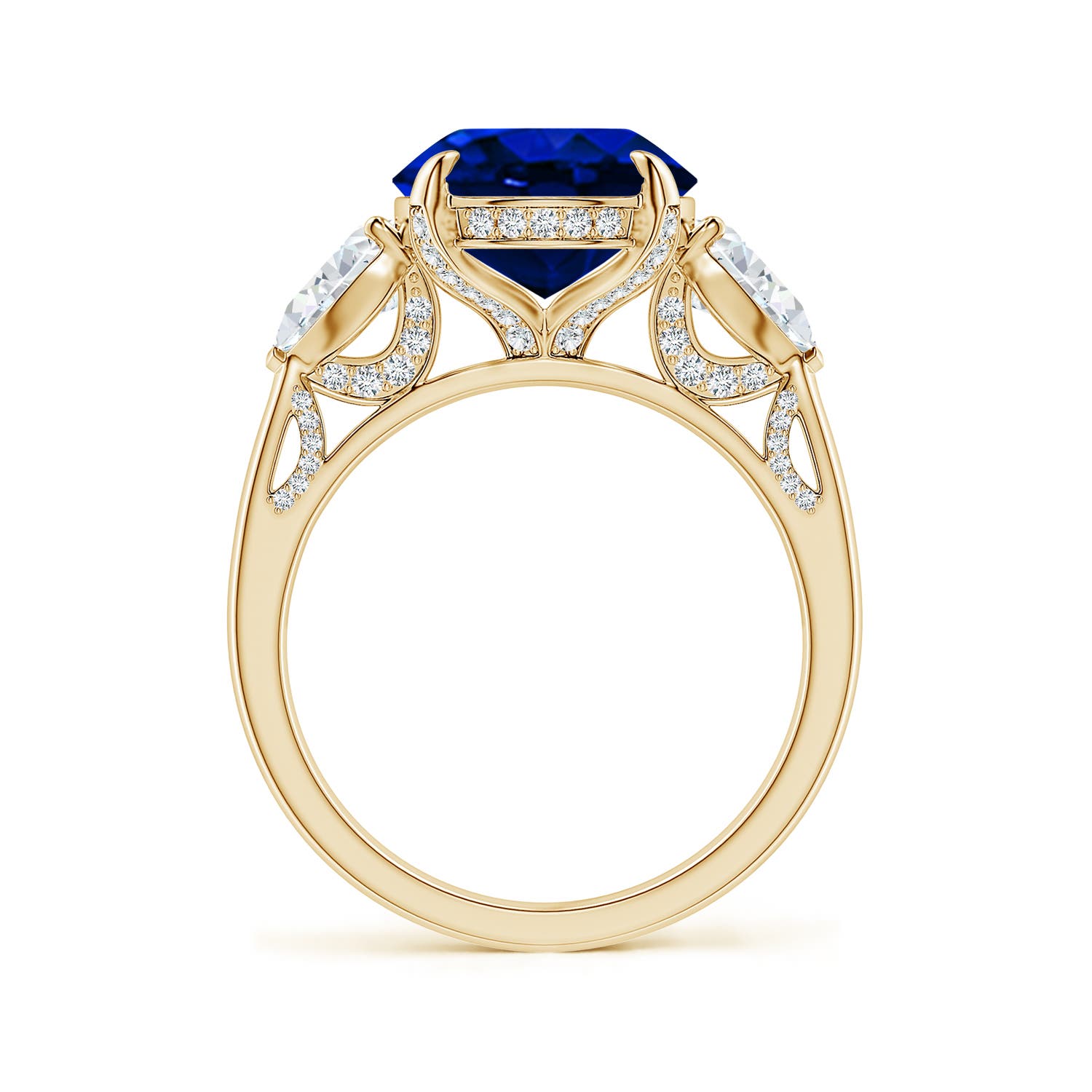 12x10mm Labgrown Lab-Grown Oval Blue Sapphire and Sideways Pear Diamond Three-Stone Engagement Ring in Yellow Gold