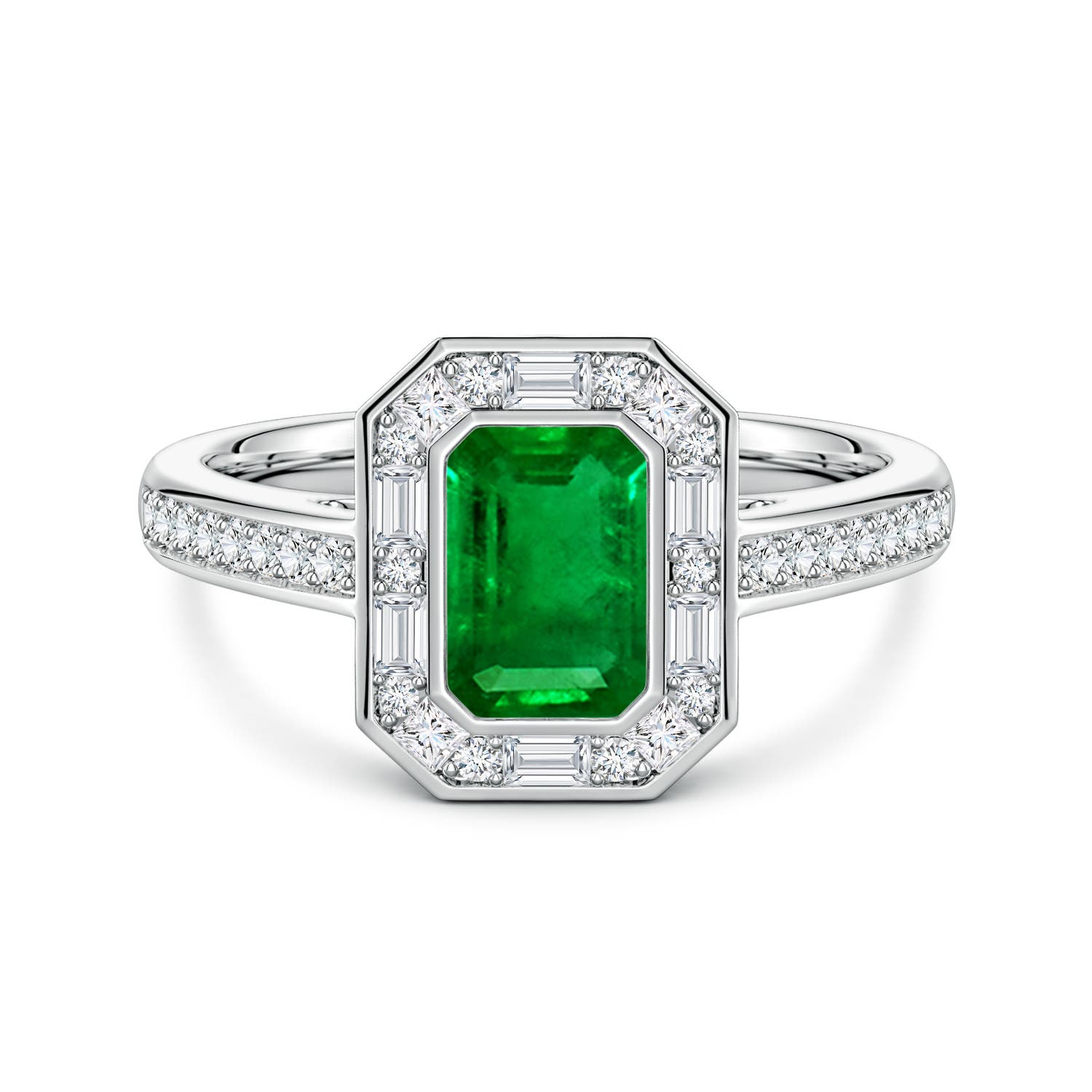 7x5mm Labgrown Art Deco Style Emerald-Cut Lab-Grown Emerald Multi-Shape Halo Engagement Ring in 18CT White Gold