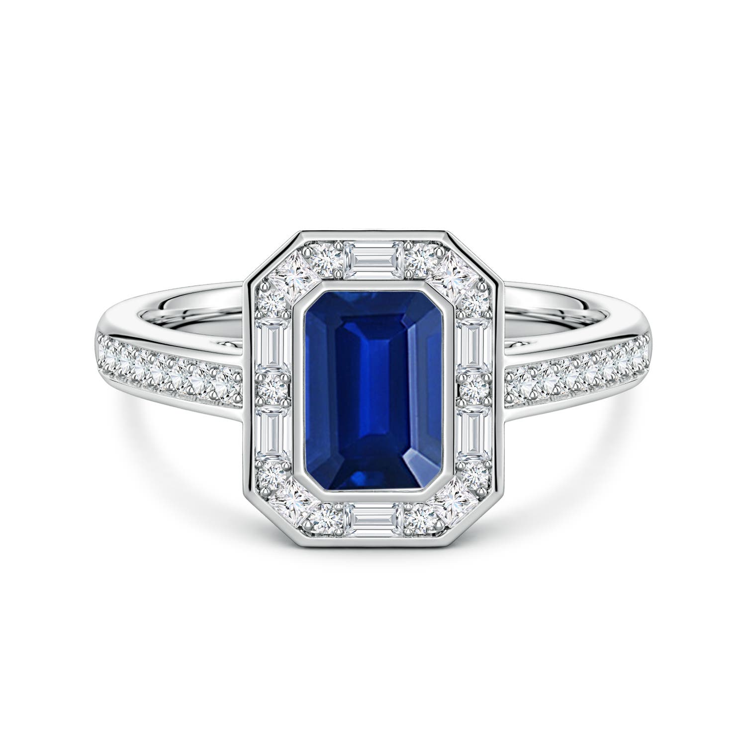 7x5mm Labgrown Art Deco Style Emerald-Cut Lab-Grown Blue Sapphire Multi-Shape Halo Engagement Ring in P950 Platinum