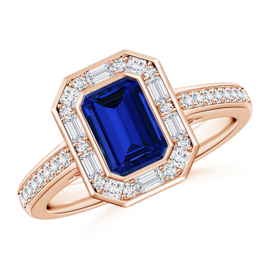 7x5mm Labgrown Art Deco Style Emerald-Cut Lab-Grown Blue Sapphire Multi-Shape Halo Engagement Ring in Rose Gold 