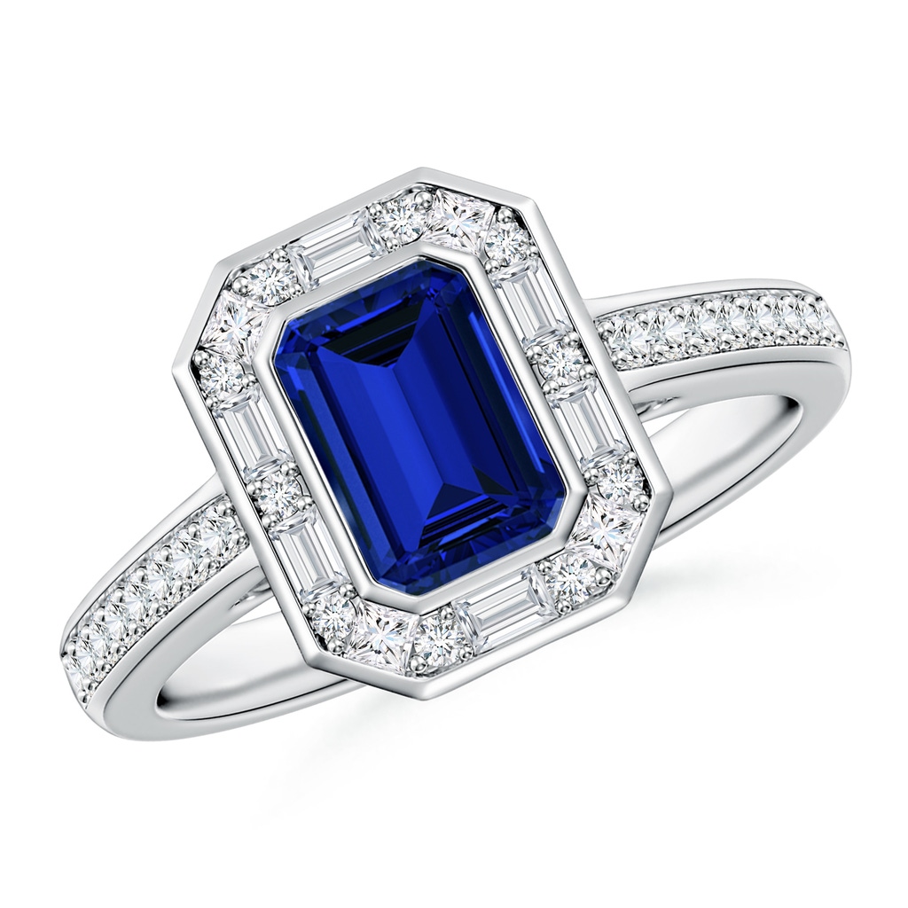 7x5mm Labgrown Art Deco Style Emerald-Cut Lab-Grown Blue Sapphire Multi-Shape Halo Engagement Ring in White Gold