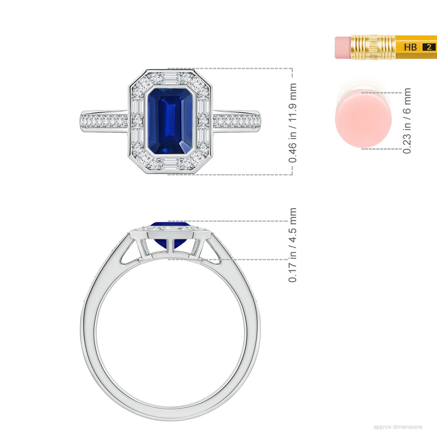 7x5mm Labgrown Art Deco Style Emerald-Cut Lab-Grown Blue Sapphire Multi-Shape Halo Engagement Ring in White Gold - ruler