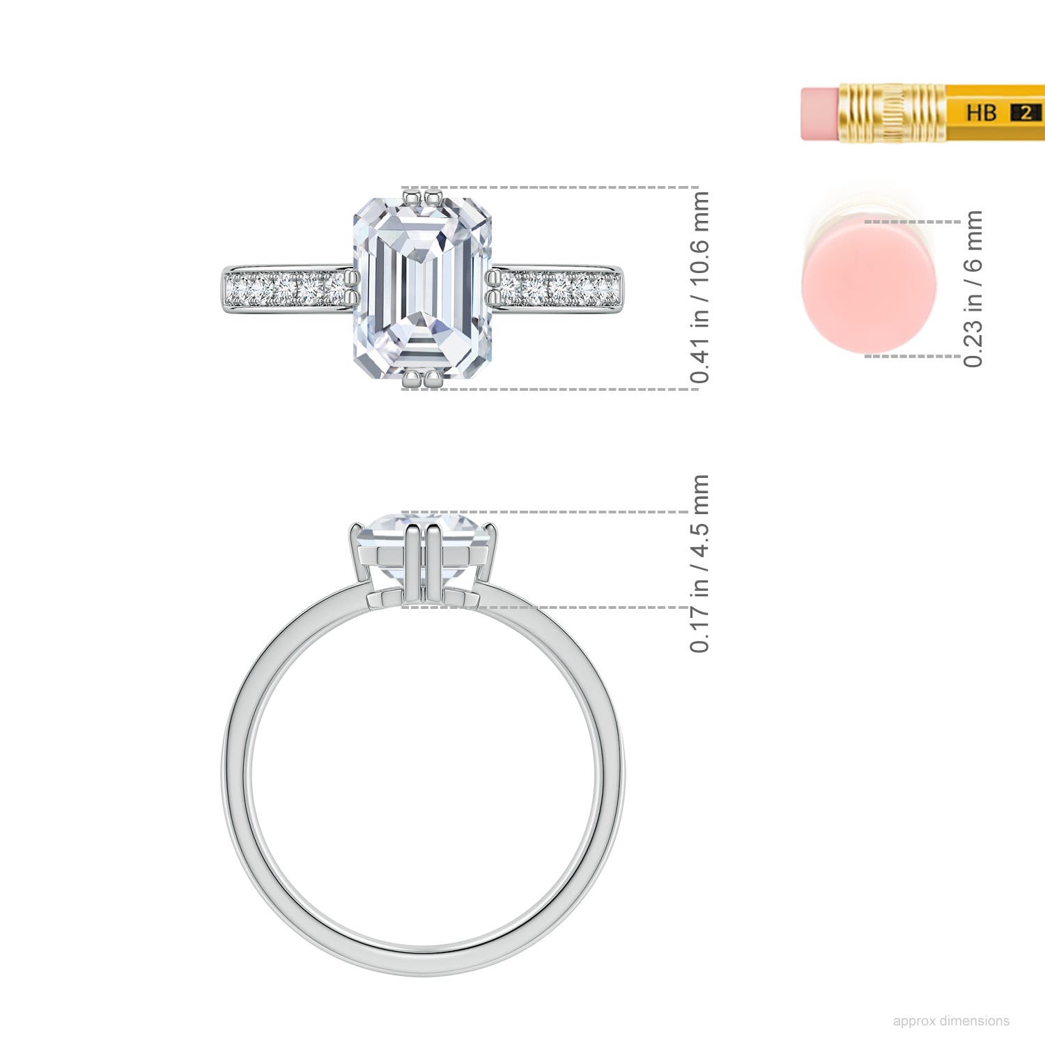 8.5x6.5mm FGVS Emerald-Cut Lab-Grown Diamond Engagement Ring with Double Flat Prongs in White Gold - ruler