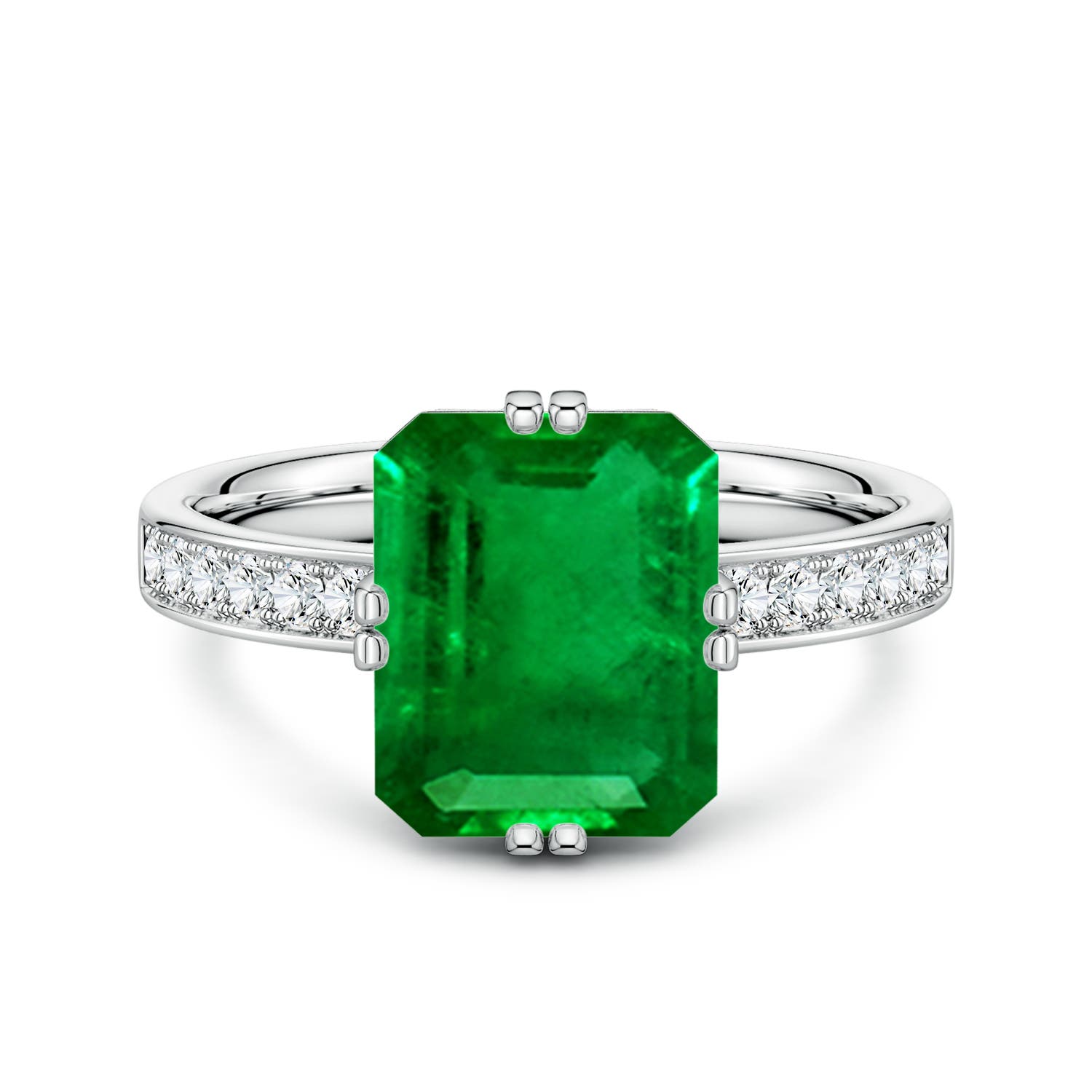 10x8mm Labgrown Emerald-Cut Lab-Grown Emerald Engagement Ring with Double Flat Prongs in White Gold