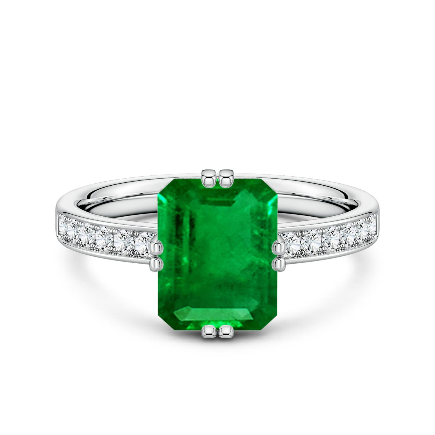 9x7mm Labgrown Emerald-Cut Lab-Grown Emerald Engagement Ring with Double Flat Prongs in 18CT White Gold
