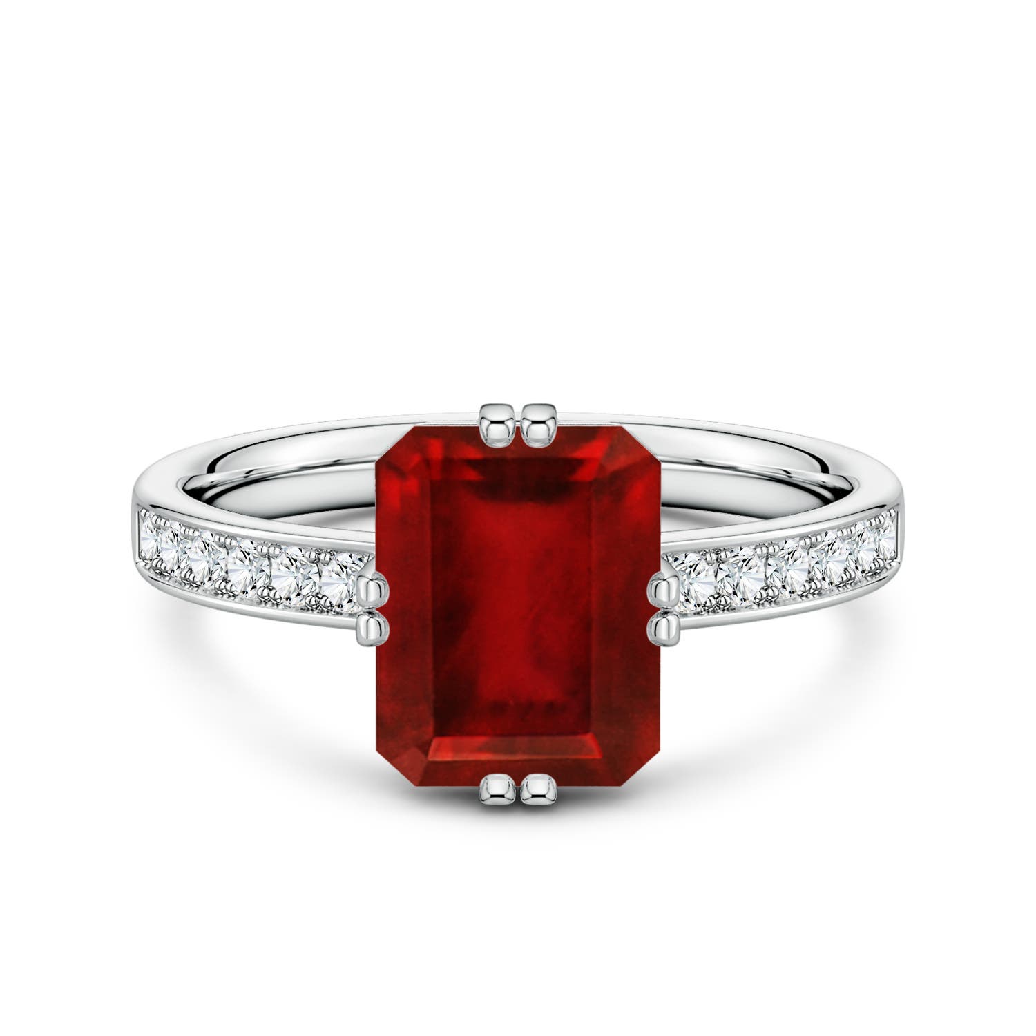 9x7mm Labgrown Emerald-Cut Lab-Grown Ruby Engagement Ring with Double Flat Prongs in White Gold