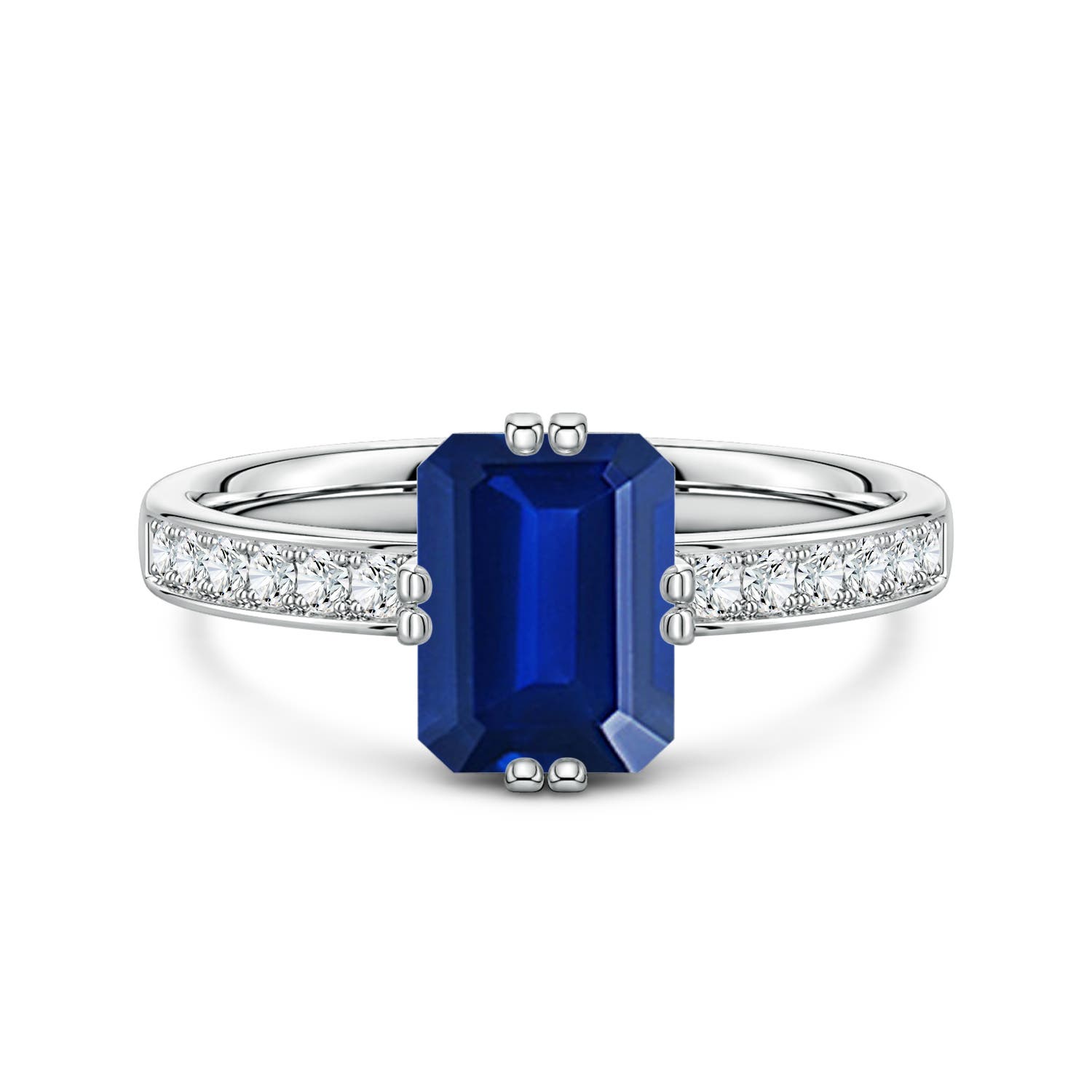 8x6mm Labgrown Emerald-Cut Lab-Grown Blue Sapphire Engagement Ring with Double Flat Prongs in White Gold