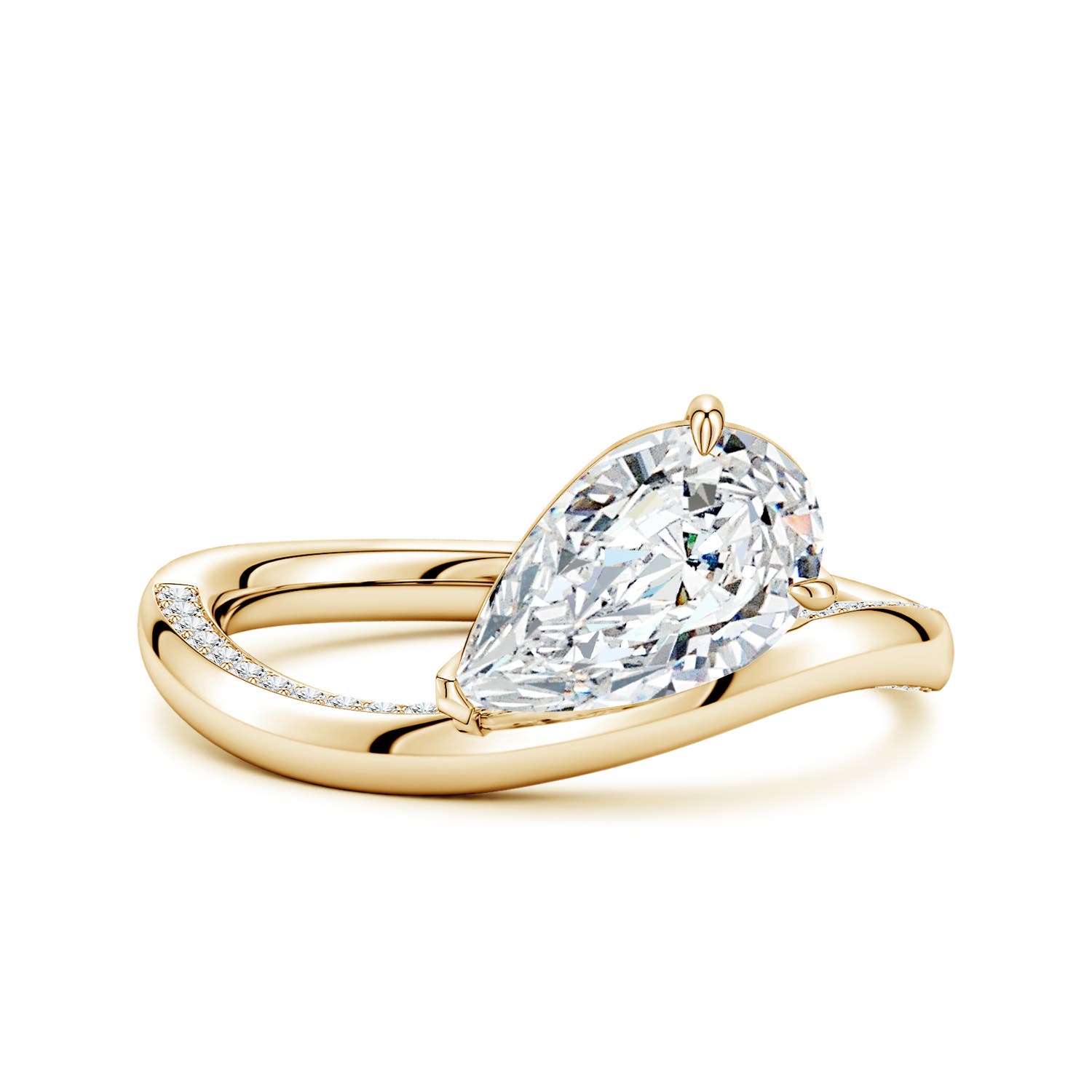 10x6.5mm FGVS Angled Pear Lab-Grown Diamond Curved Solitaire Engagement Ring in Yellow Gold