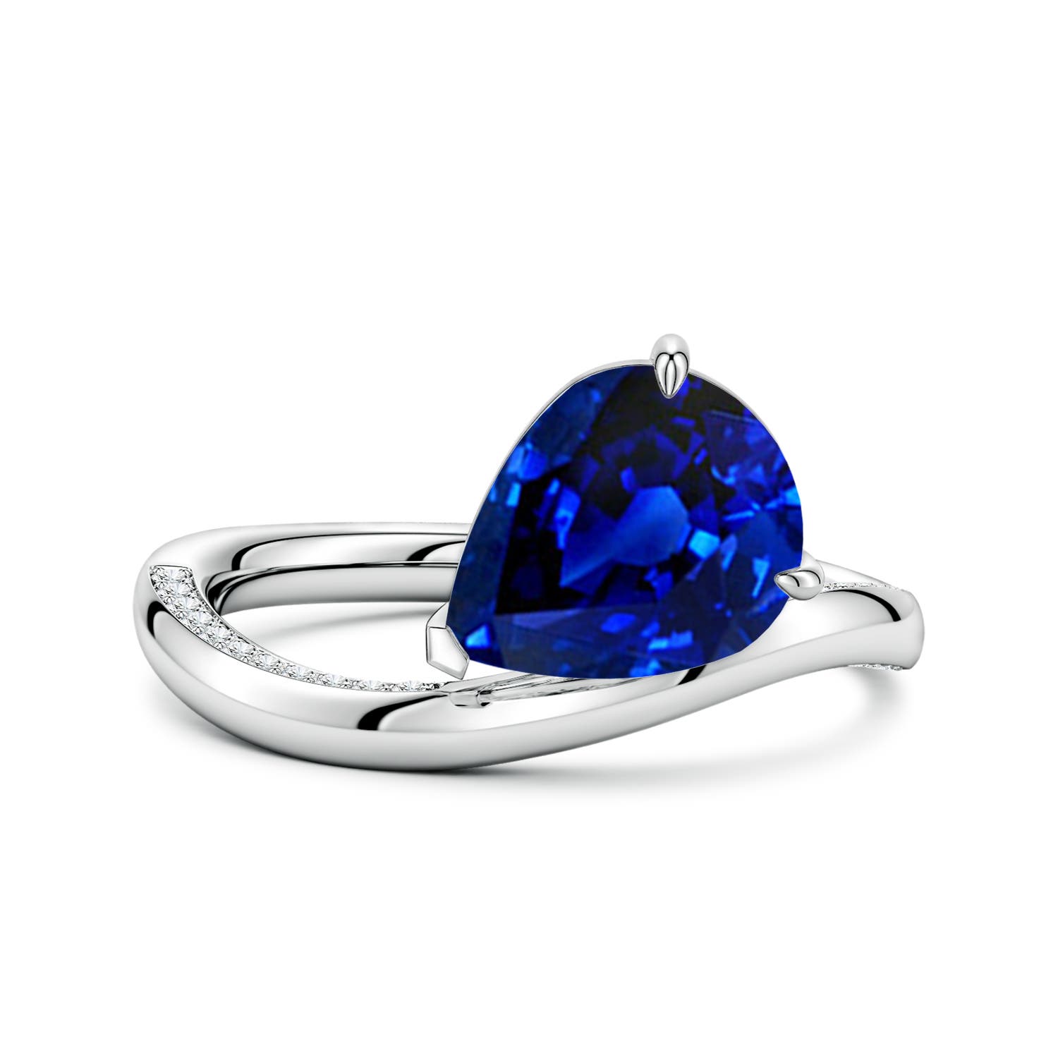 10x8mm Labgrown Angled Pear Lab-Grown Blue Sapphire Curved Solitaire Engagement Ring in White Gold