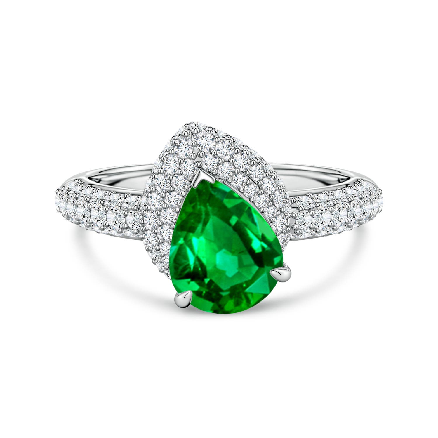 9x7mm Labgrown Pear Lab-Grown Emerald Engagement Ring with Offset Halo in White Gold