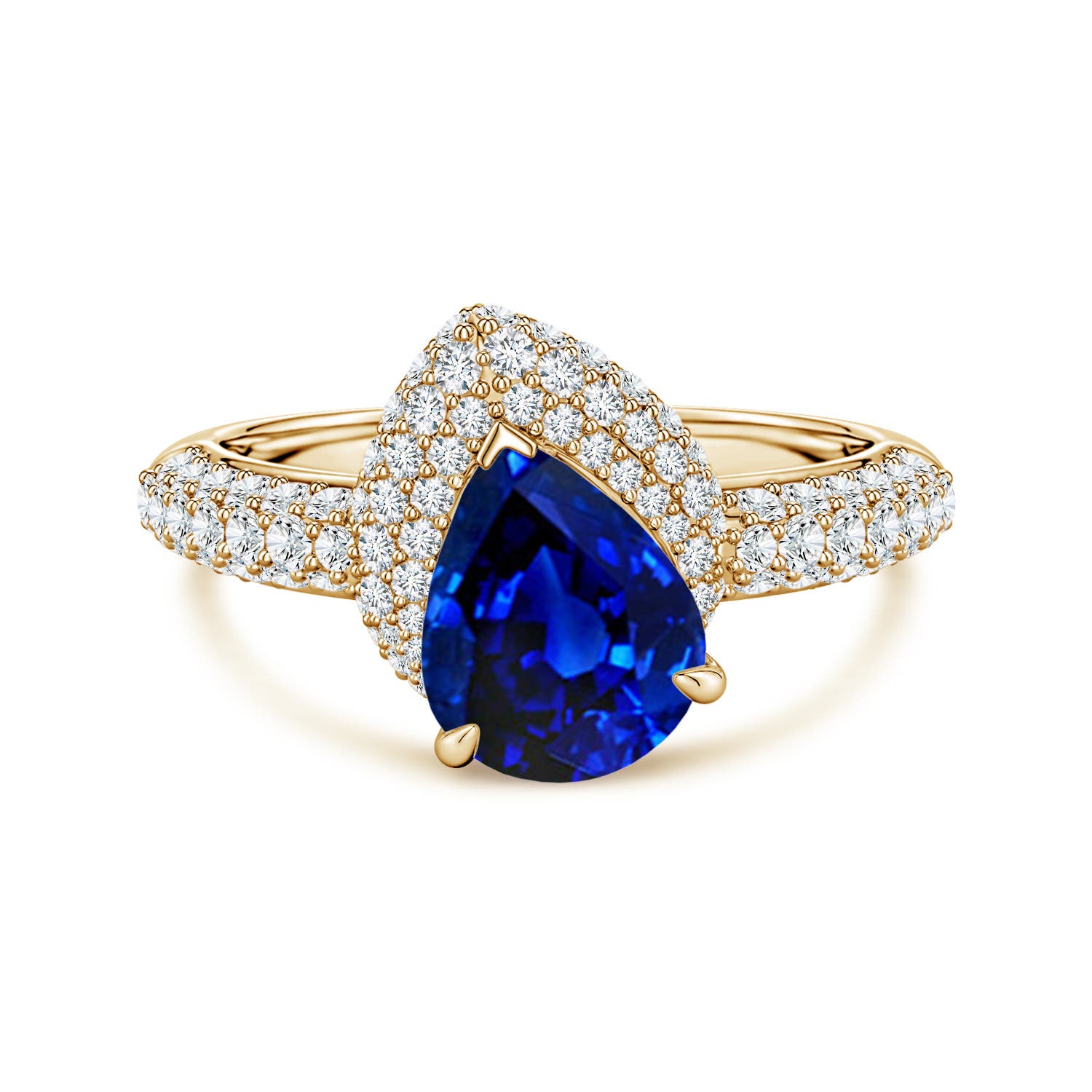 9x7mm Labgrown Pear Lab-Grown Blue Sapphire Engagement Ring with Offset Halo in Yellow Gold