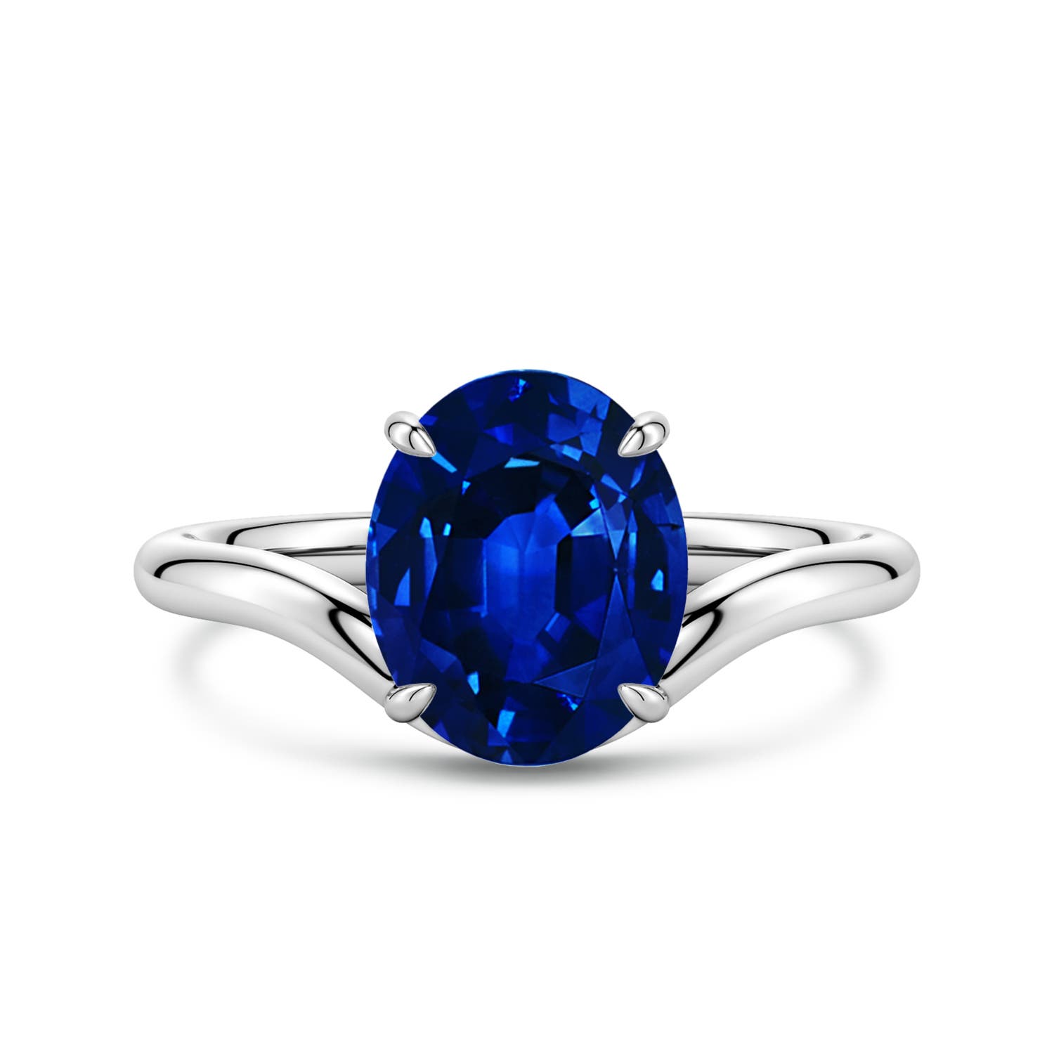 10x8mm Labgrown Solitaire Oval Lab-Grown Blue Sapphire Curved Shank Engagement Ring in 18K White Gold