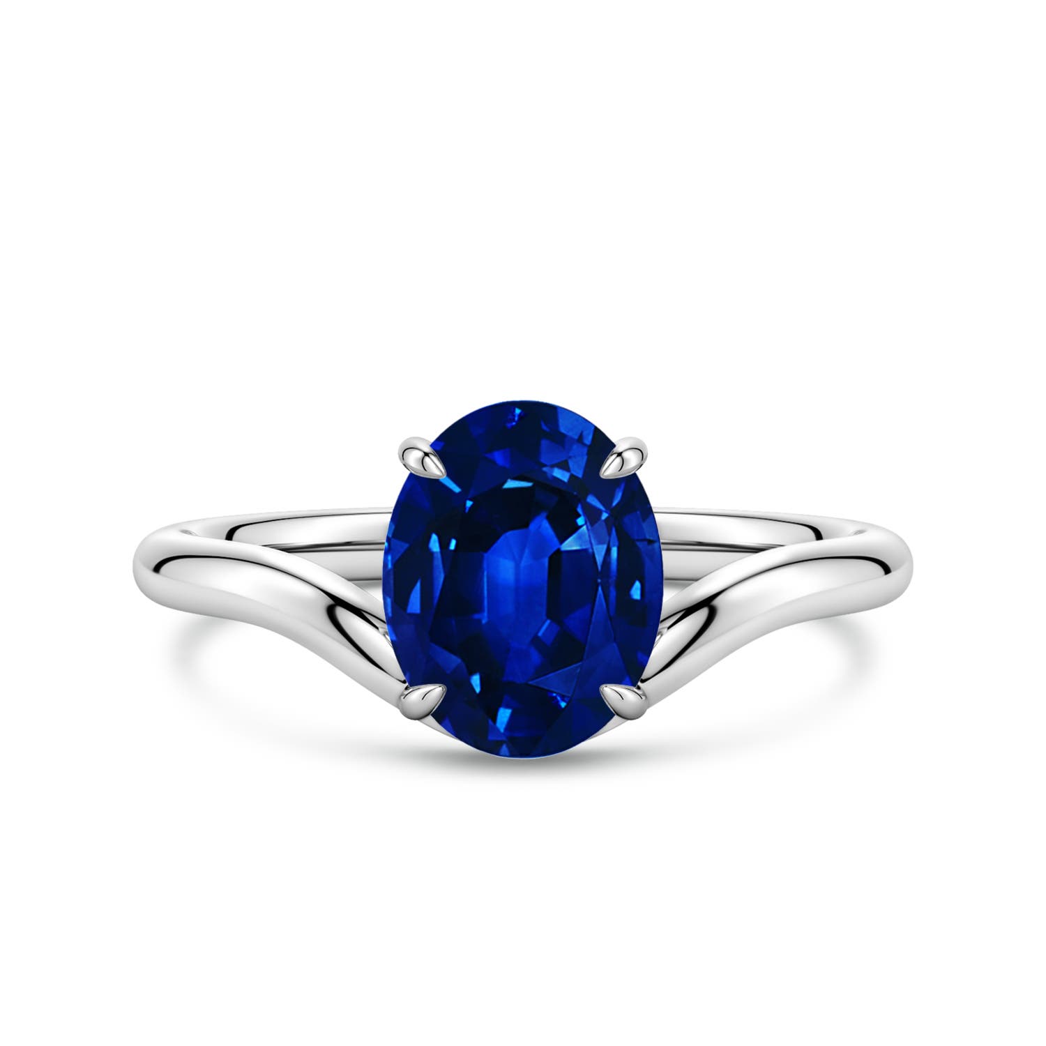 9x7mm Labgrown Solitaire Oval Lab-Grown Blue Sapphire Curved Shank Engagement Ring in White Gold