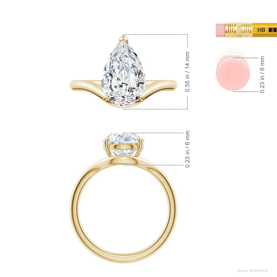 12x8mm FGVS Solitaire Pear Lab-Grown Diamond Curved Shank Engagement Ring in Yellow Gold ruler