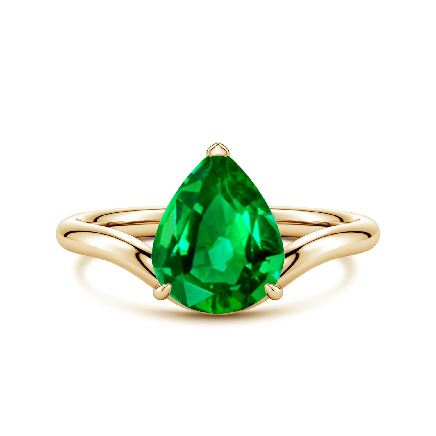 Angara 2.2 Carats Solitaire Pear Lab-Grown Emerald Curved Shank Engagement Ring in 18K Yellow Gold
