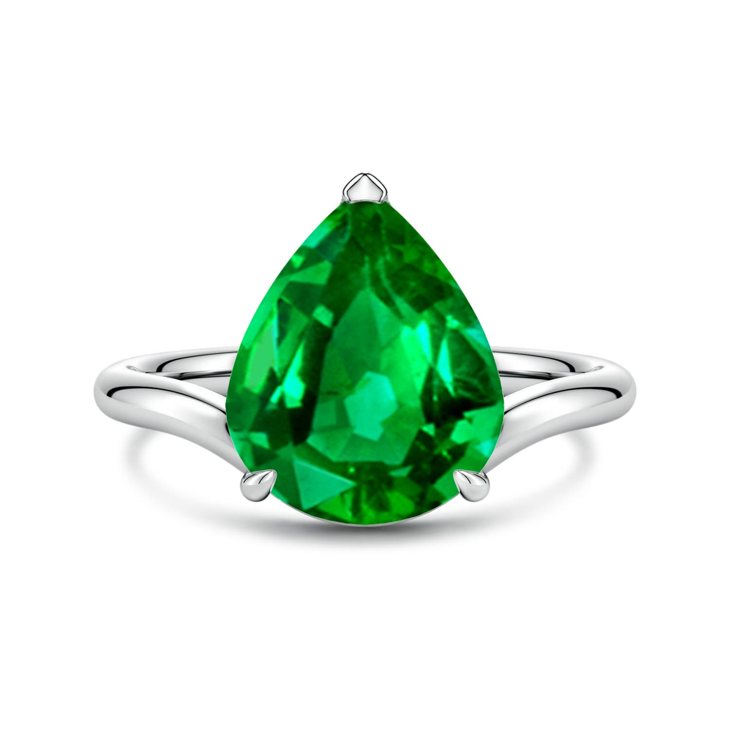 Angara 4.14 Carats Solitaire Pear Lab-Grown Emerald Curved Shank Engagement Ring in 18K White Gold