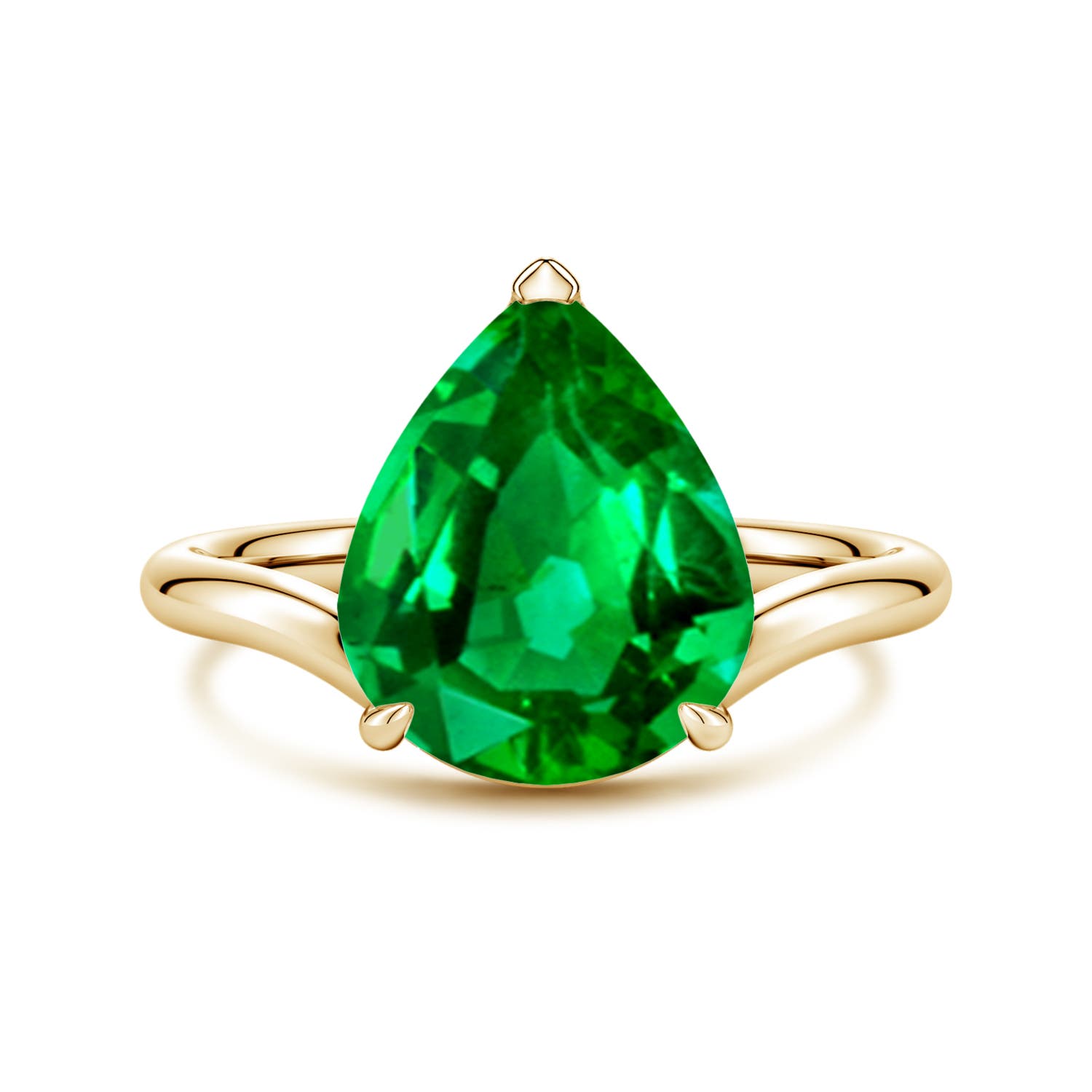 Angara 4.14 Carats Solitaire Pear Lab-Grown Emerald Curved Shank Engagement Ring in 14K Yellow Gold