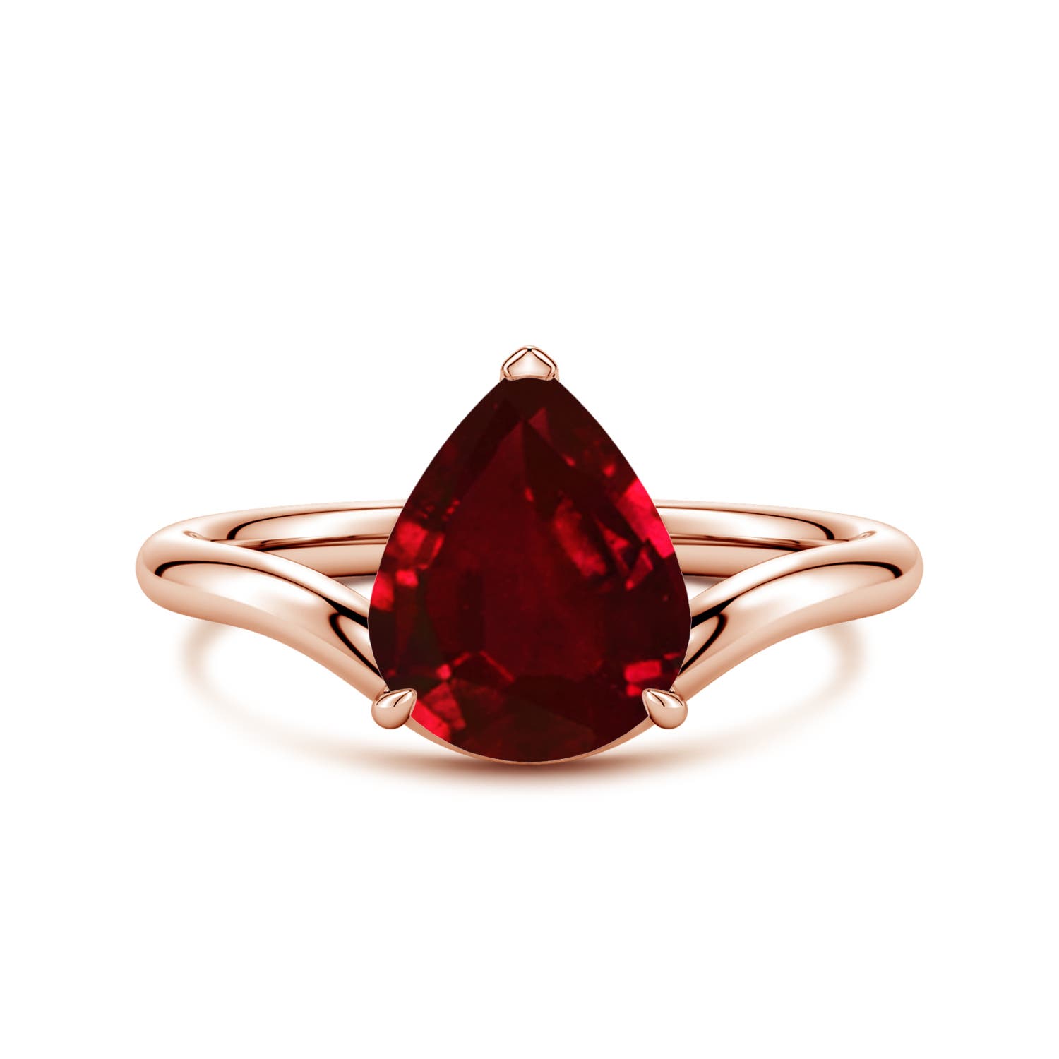 Angara 2.7 Carats Solitaire Pear Lab-Grown Ruby Curved Shank Engagement Ring in 18K Rose Gold