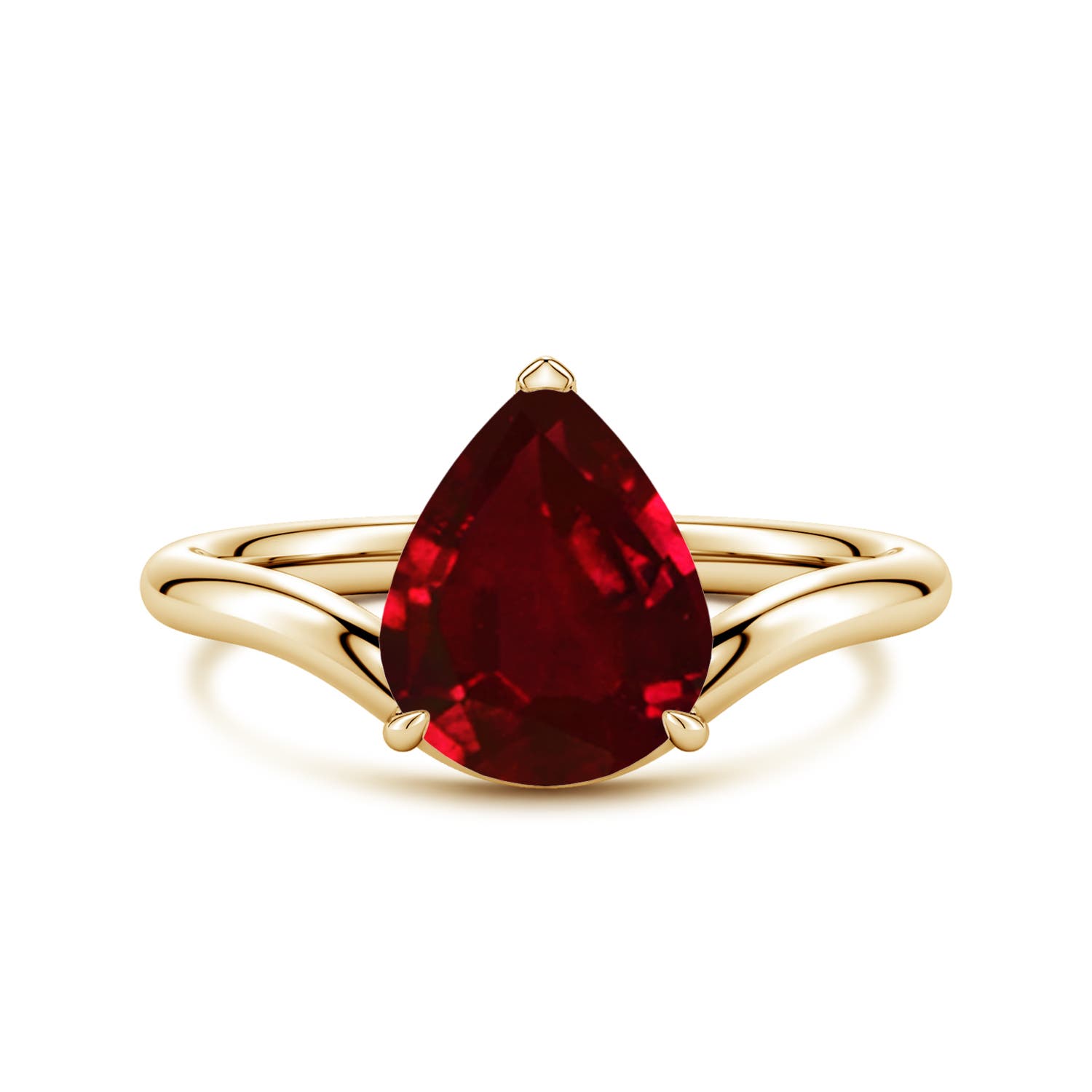 Angara 2.7 Carats Solitaire Pear Lab-Grown Ruby Curved Shank Engagement Ring in 18K Yellow Gold